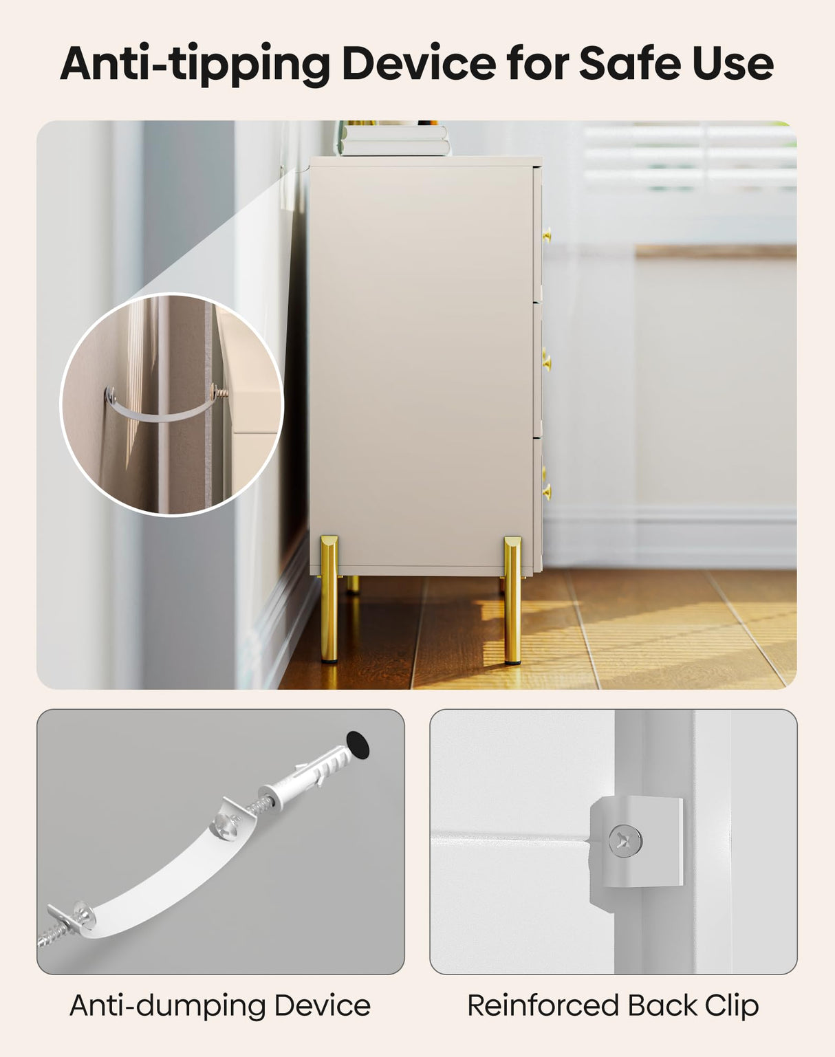 TRINEAR 3 Drawer Dresser, Wood Drawers for Bedroom with Metal Legs, Modern Dressers with Wide Storage, 30 inch Large Nightstand with Diamond Design for Living Room, Hallway, Entryway, Cream TRINEAR