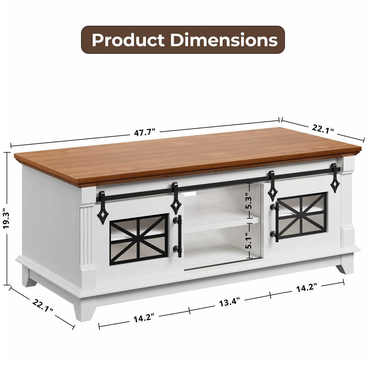 IRONCK 48'' Coffee Table with Sliding Barn Doors, Rustic Center Table with 6 Large Storage Space, Glass Doors and Adjustable Middle Shelf, Farmhouse Coffee Tables for Living Room, White IRONCK
