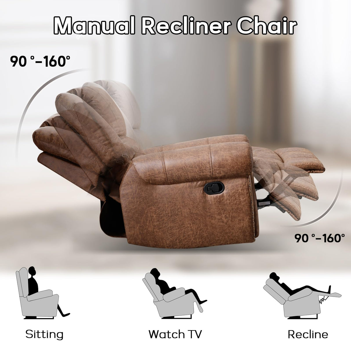 EBELLO Faux Leather Manual Loveseat Recliner, 2 Seat Reclining Sofa Chair with Soft Padded Seat Backrest, Couch Sofa Set for Living Room, Bedroom Furniture, Meeting Room, Brown (Loveseat) EBELLO