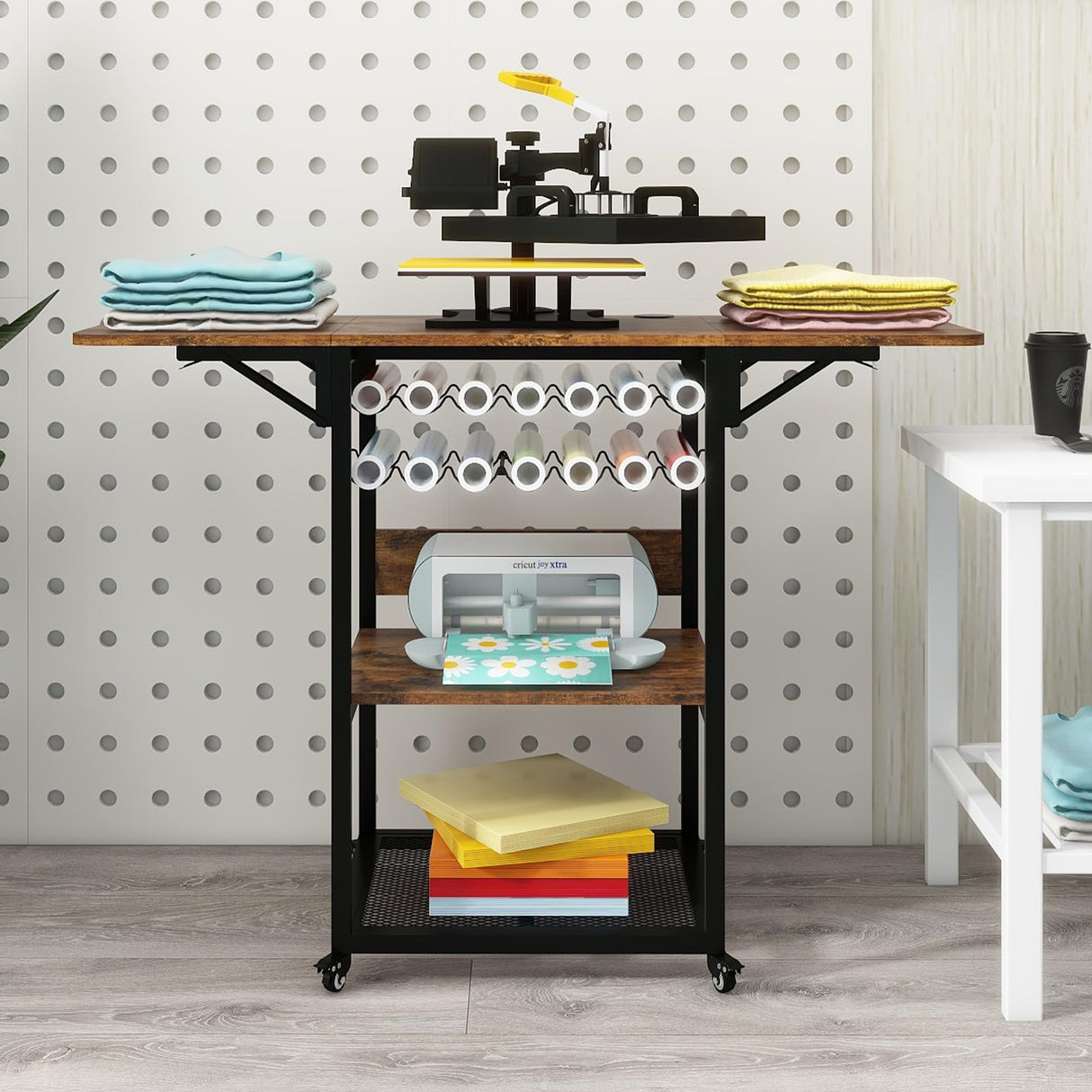 PUNCIA 3 Tier Movable Heat Press Table with Vinyl Roll Holder, Heat Transfer Stand with Folding Shelf,Heavy Duty Rolling Workbench for DIY Sublimation Transfer Machine,Heat Press Cart,Craft Table PUNCIA