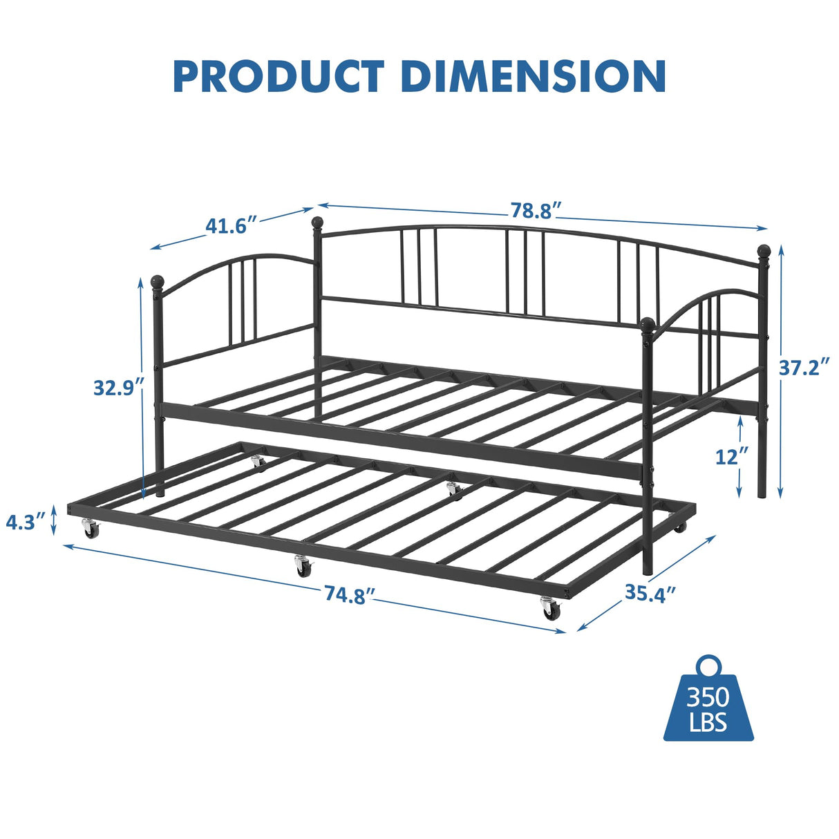 Garvee Twin Metal Daybed with Trundle, Pullout Trundle Bed Frame with Arched Headboard, Guest Sofa Bed with Steel Slat Support, No Box Spring Required, Easy Assembly, Black Garvee