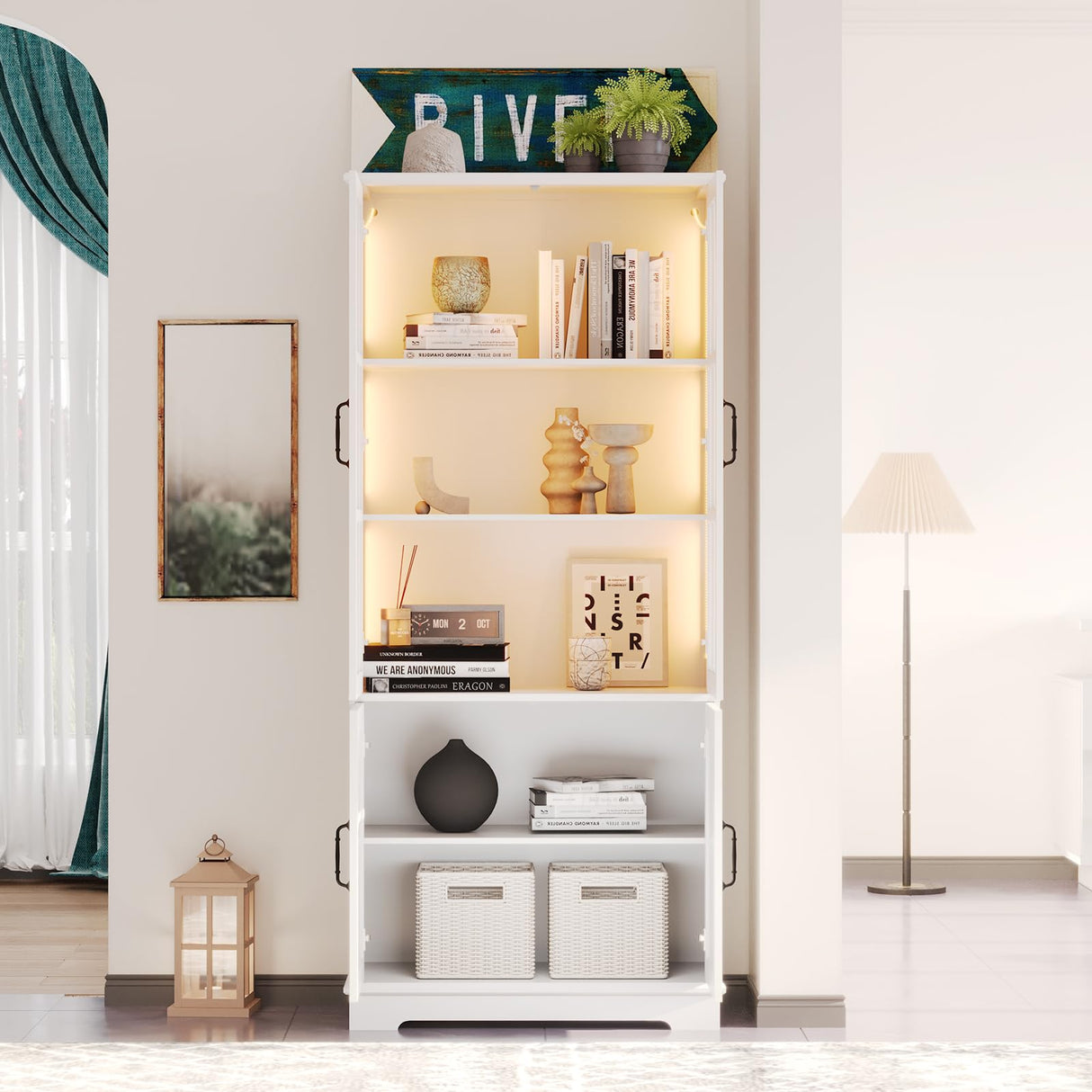 AMERLIFE 71" Tall Storage Cabinet with LED Lights, 5 Tier Large Modern Wood Kitchen Pantry with Acrylic Glass Doors & Shelves, Display Cabinet for Living room, Dining room, Bathroom, 4 Doors White AMERLIFE