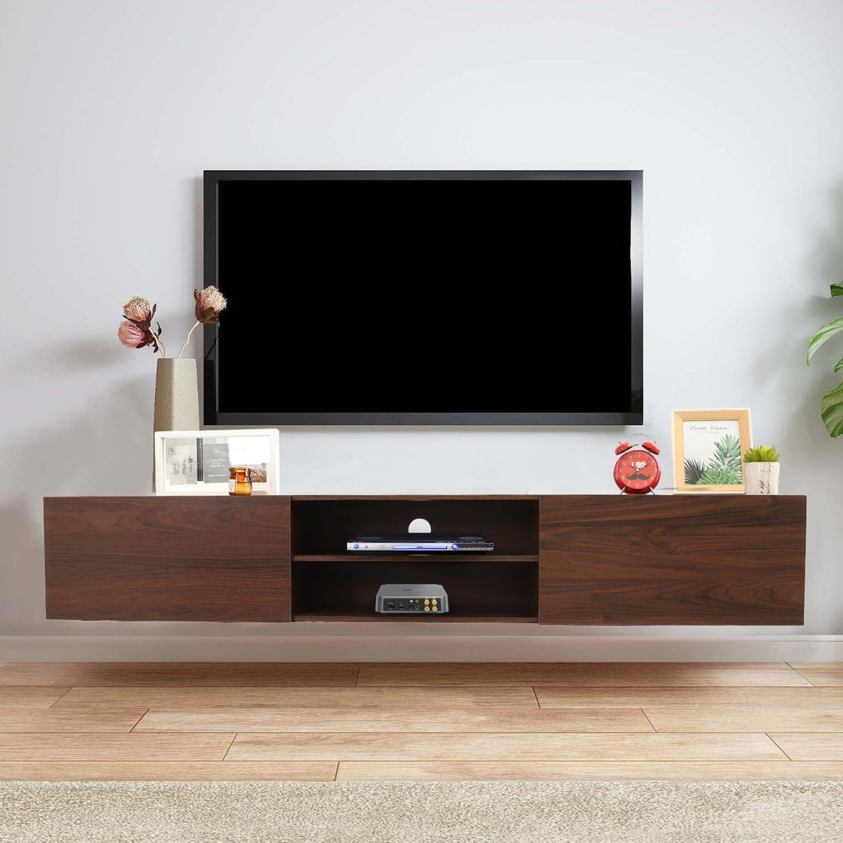 Floating TV Stand,70" Media Console for 60"70"80" tv,Entertainment Center with Storage, Mid Century Modern Wood tv shelf, 3 Cabinet tv Table,tv stand wall-mounted for Living Room (Dark Brown) TIMSATIO