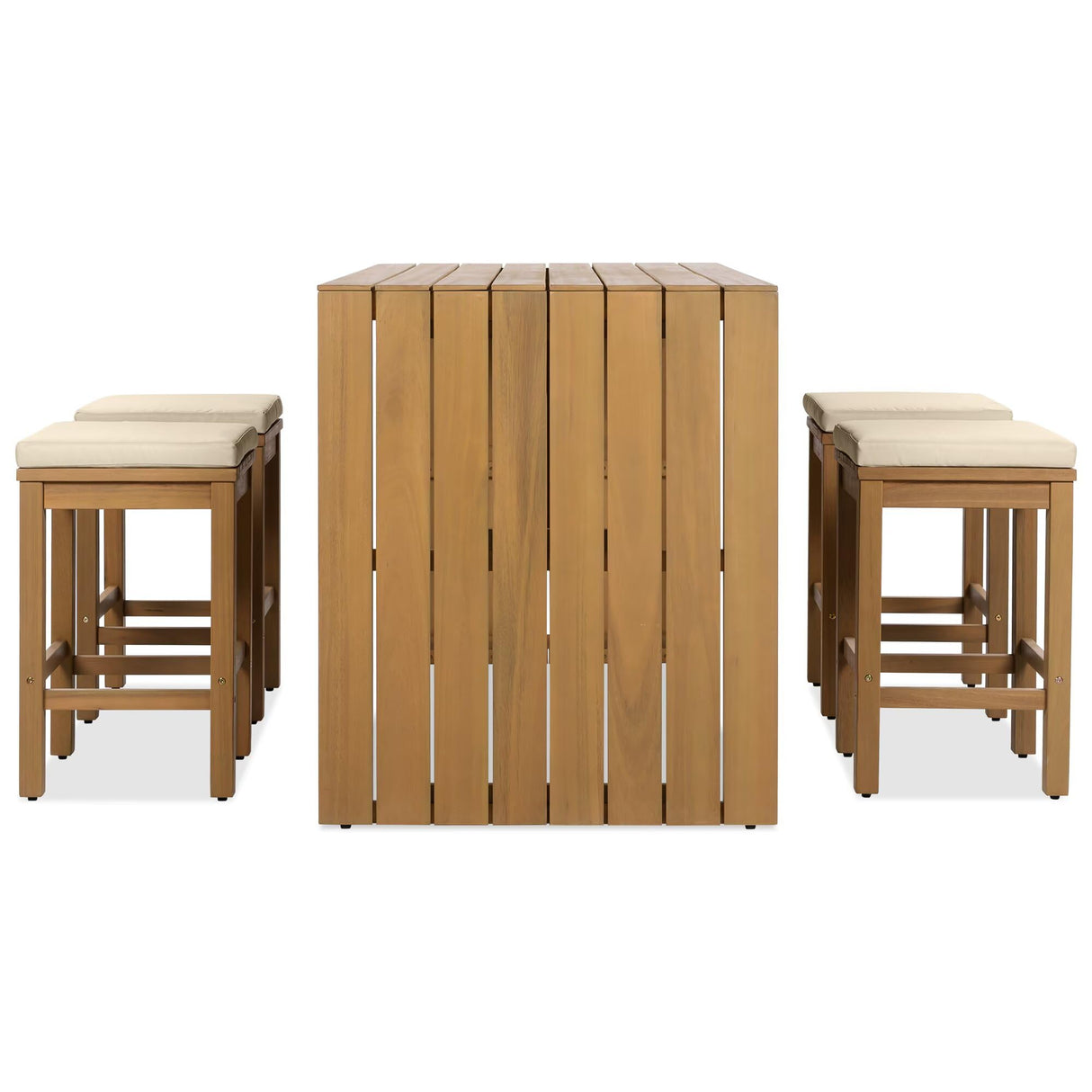 JIJIWANG 5 Piece Outdoor Bar Set, Patio Acacia Wood Bar Height Table & Four Stools with Cushions, Wood Dining Bar Set for Backyard, Poolside, Balcony, Beige JIJIWANG