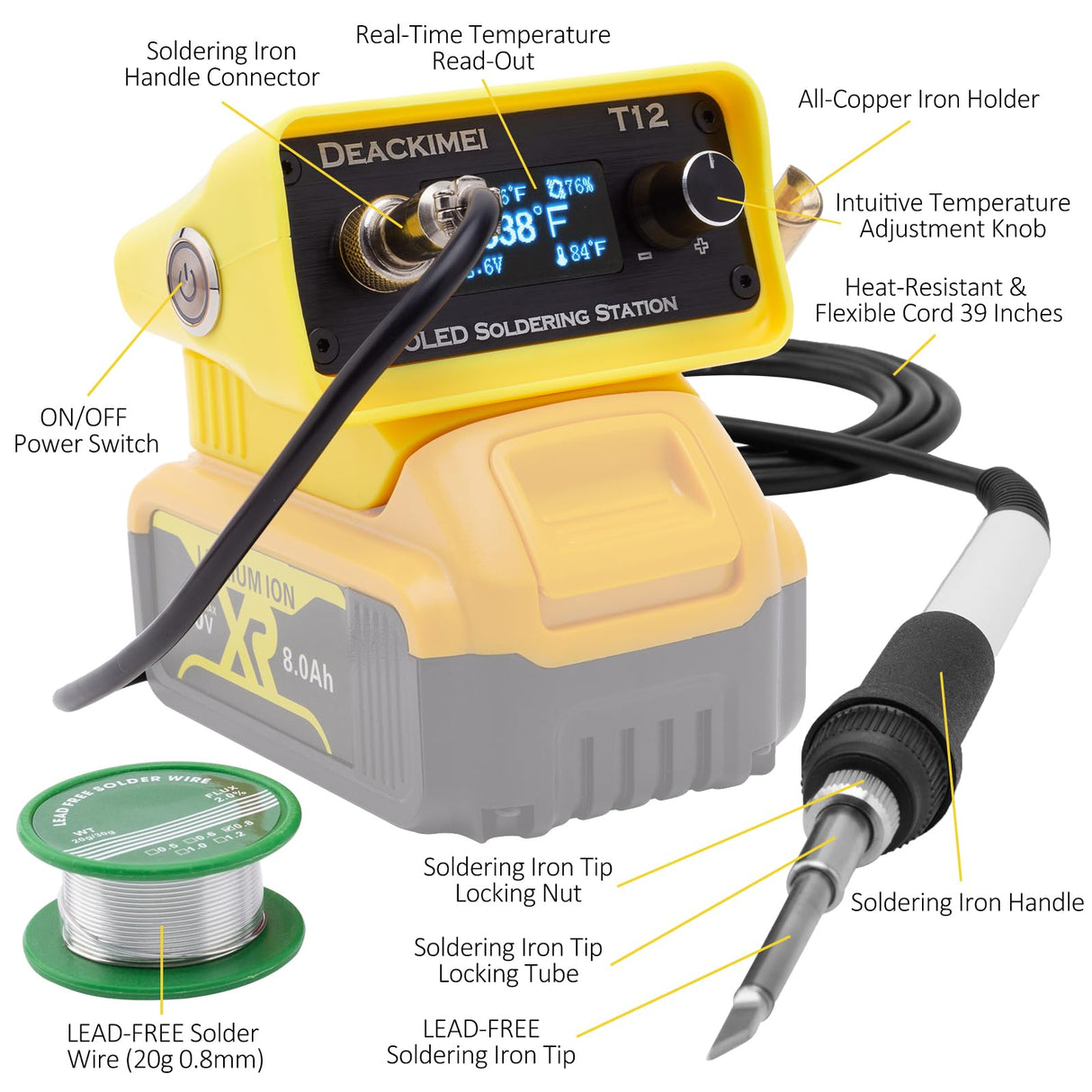 Deackimei Cordless Soldering Iron Station for Dewalt 20V Max Battery, Temperature Adjustable, Auto Sleep & Low Voltage Protection, °C/ºF Conversion, OLED Digital Display, Lead-Free Solder (Tool Only) Deackimei