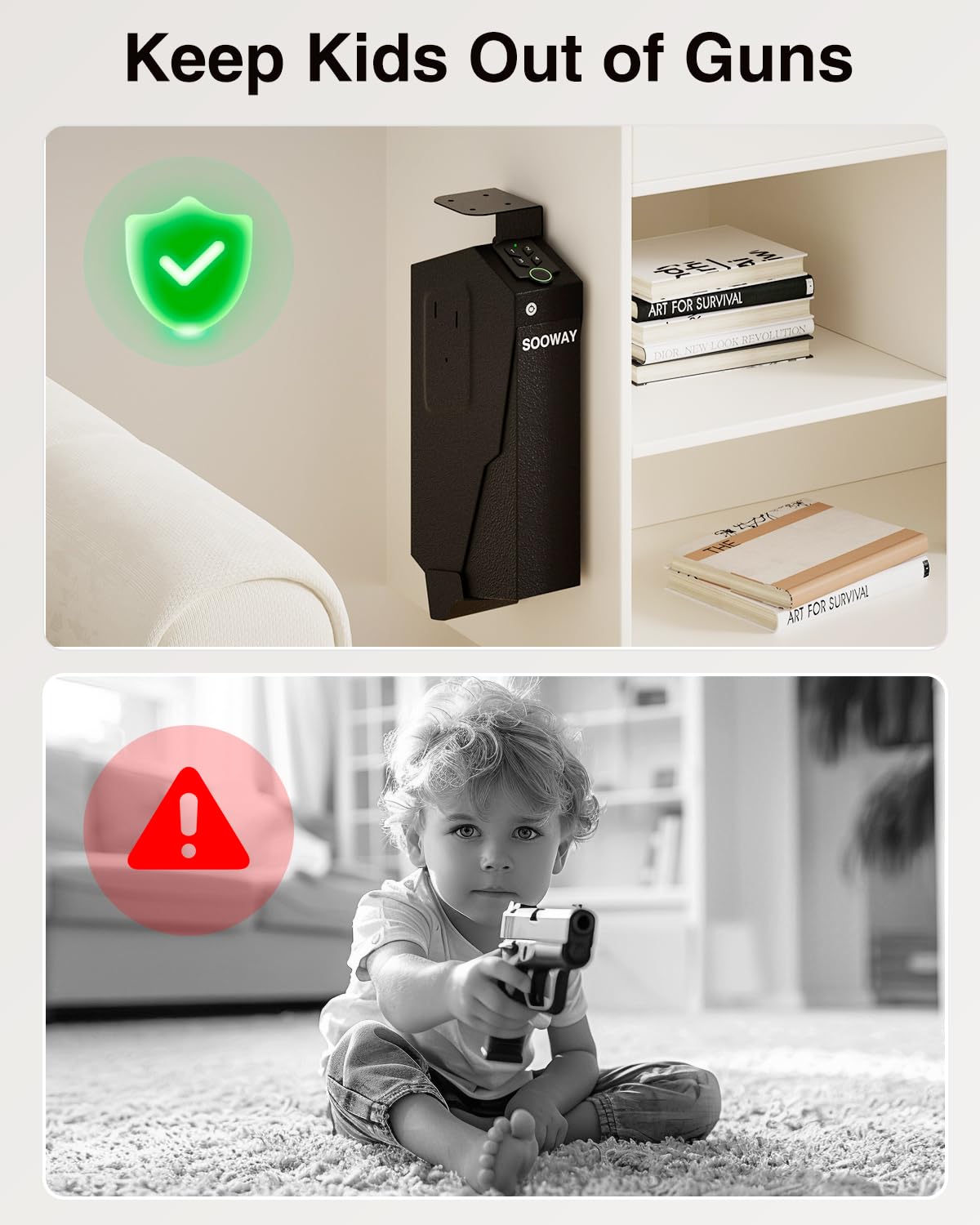 SOOWAY Biometric Pistol Safe Fingerprint Quick Access Gun Safe for Handgun, Drop Down Mounted with 3 Ways Unlock Gun Lock Box for Car, Nightstand, Desk, Wall, Dresser SOOWAY