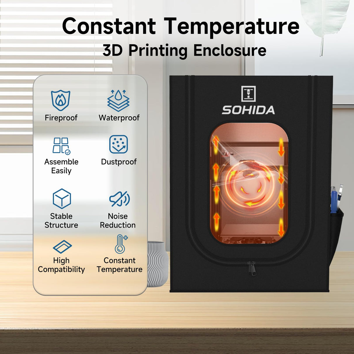 3D Printer Enclosure with Ventilation Kit & LED Strip, 25.59x21.65x29.53 Fireproof & Dustproof Constant Temperature Protective Cover for Ceality Ender 3/Ender 3Pro/Ender SOHIDA
