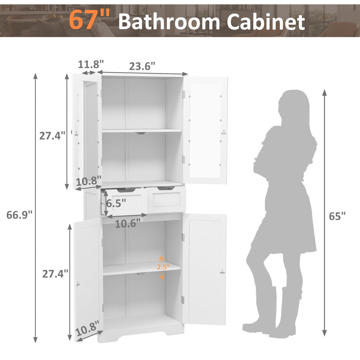 Betterhood 67" Tall Bathroom Storage Cabinet, Freestanding Linen Cabinet with Glass Doors and Shelves, Large Bathroom Pantry Cabinet with 2 Drawers for Living Room, Kitchen, Dining Room, Office, White Betterhood