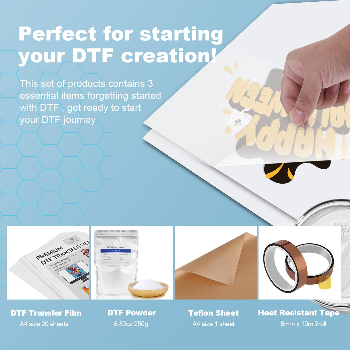 DTF Transfer Film Powder Kit, All-in-One DTF Sublimation for Starter- 30 Sheets Direct to Film Transfer Paper & 8.8oz White Digital Hot Melt Adhesive DTF Powder for All Color Fabrics FugaCity