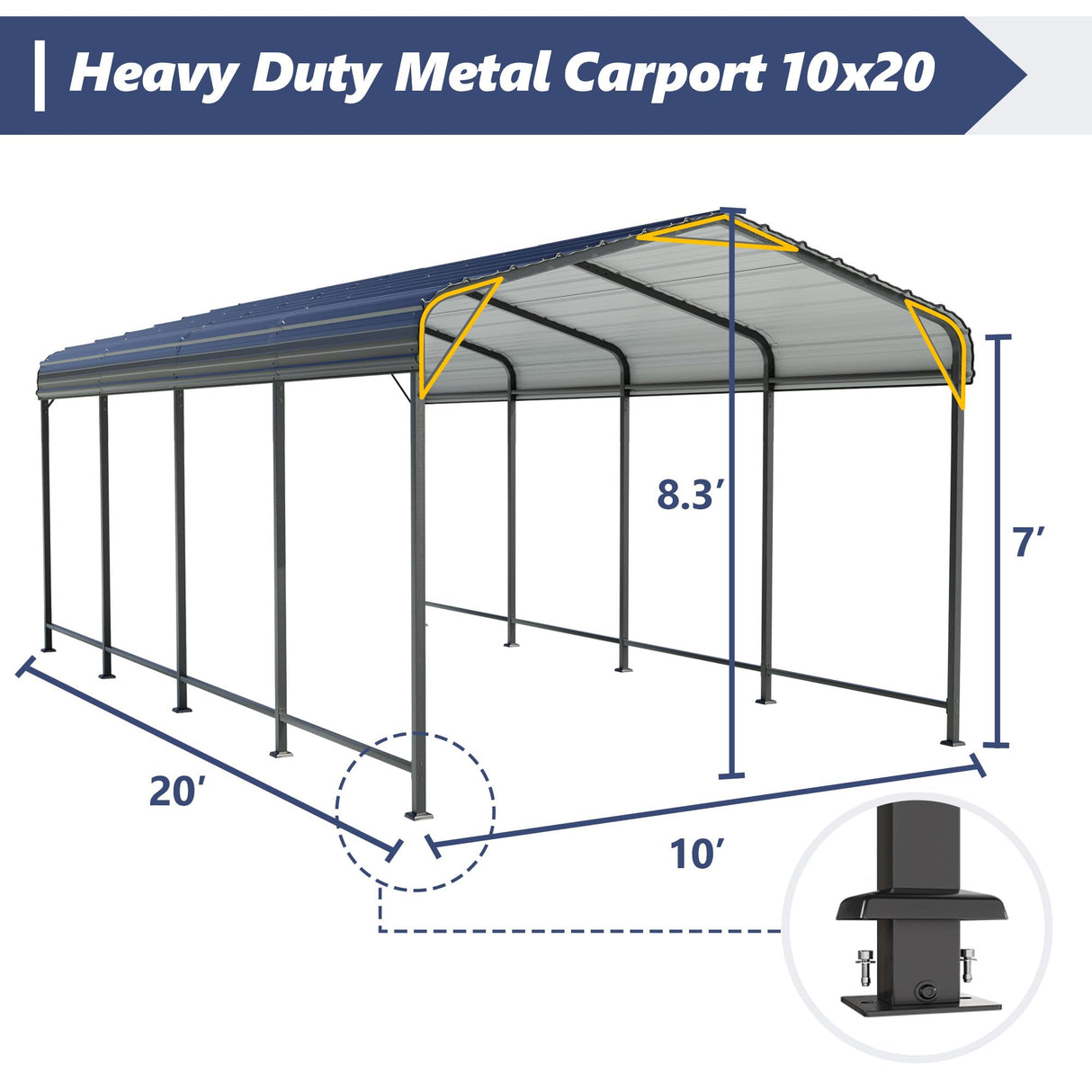 SUNBURY Carport 10 x 20 ft Heavy Duty Metal Carport Canopy with Galvanized Steel Roof, Outdoor Garage Car Shelter Shade for Car, Truck and Boats, Grey SUNBURY
