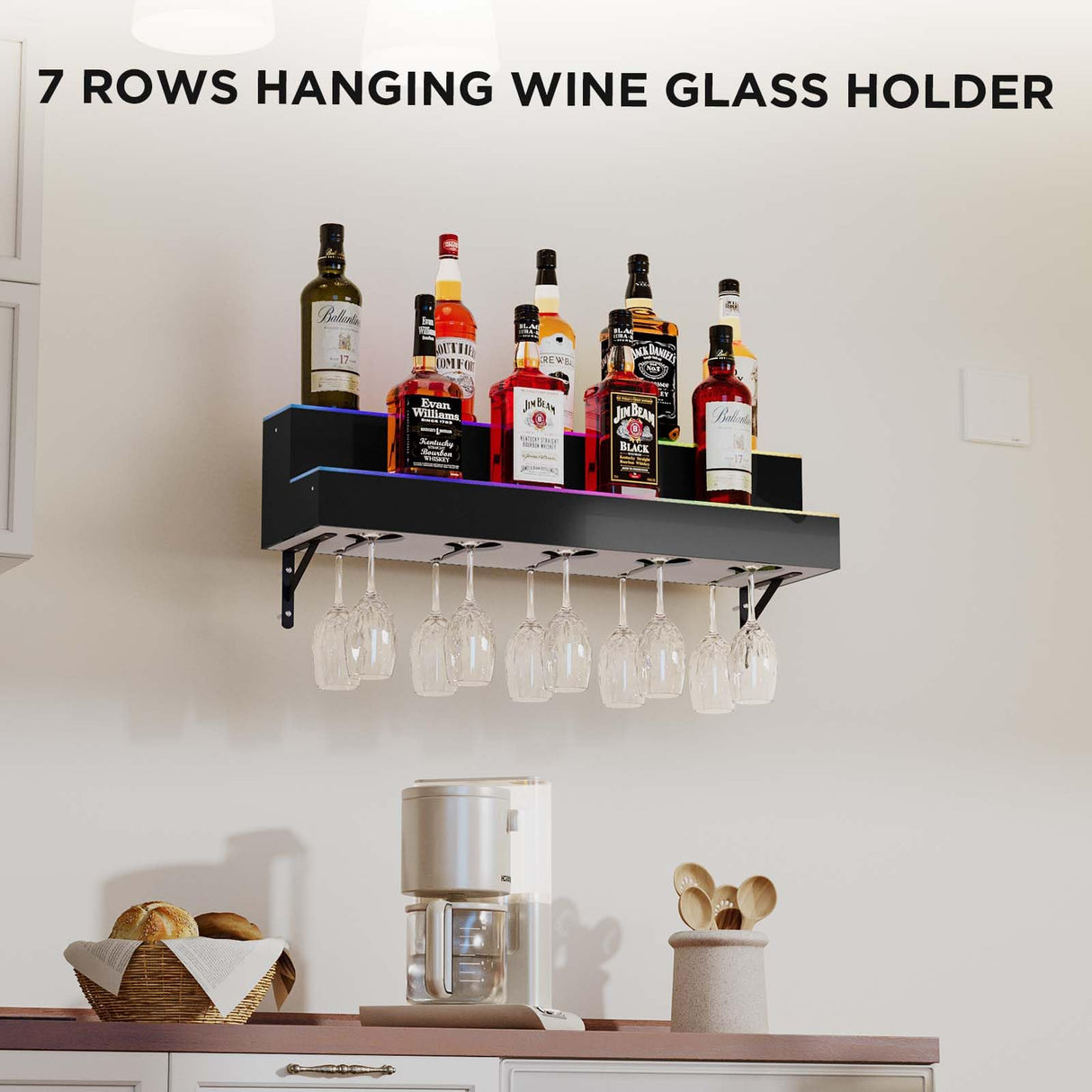 Dethan 2 Tier 32 Inch LED Lighted Liquor Bottle Display Shelf - Wall-Mounted Wine Rack with Multi-Color App & Remote Control, Adjustable Brightness & Sound Modes, Acrylic Bar Shelf for Commercial Club Dethan
