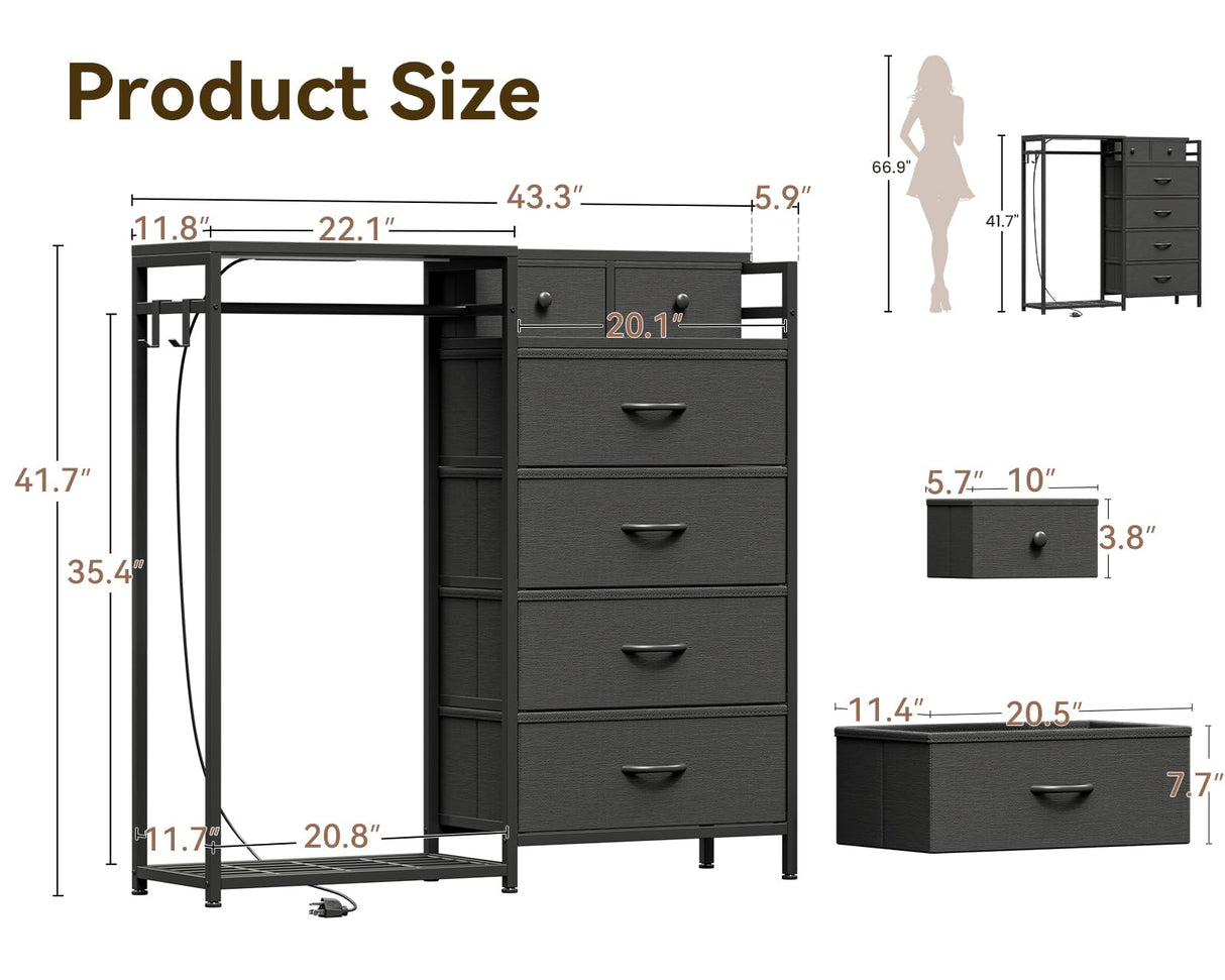 KKL Dresser for Bedroom with Clothes Hanging Rack, Reversible Bedroom Dresser with Shoe Rack & 6 Fabric Drawers, 3-in-1 Storage Chest of Drawers with Led Lights & Charging Station for Closet, Black KKL
