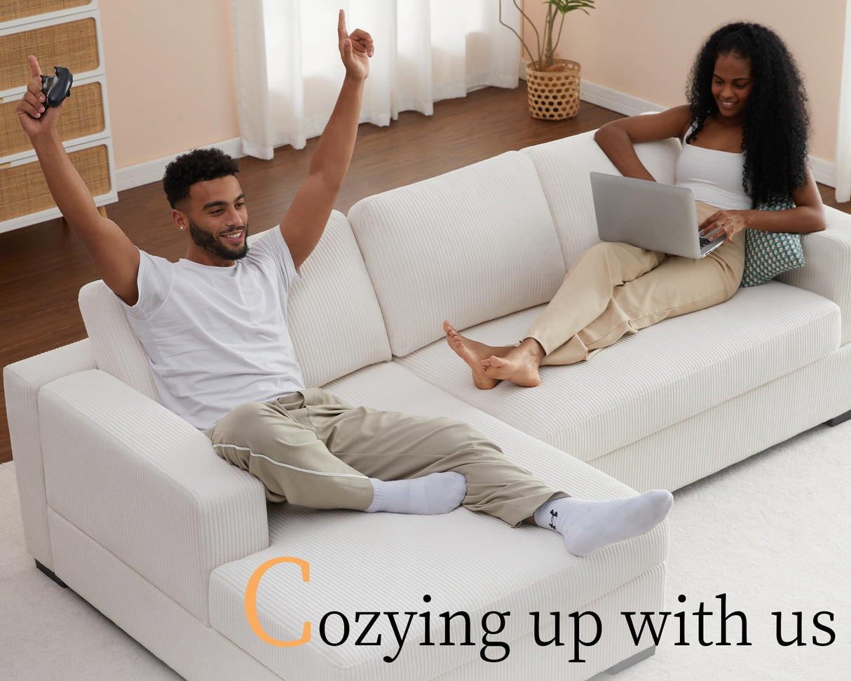 AMERLIFE 96 Inch Sofa, Comfy Couch- Oversized Sectional Sofa Couch with Chaise, Modern Sofa with Right Chaise, White Corduroy Sofa AMERLIFE