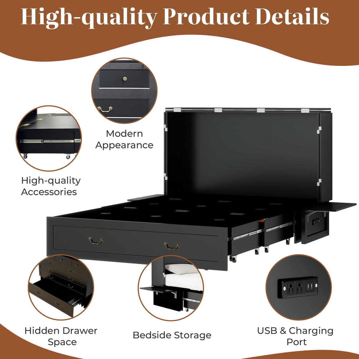 Tafeumob Murphy Bed Queen Size: Wood Murphy Bed Cabinet with Drawer Space-Saving with Golden Handle & Charging Station for Bedroom, Multipurpose Area, Guest Room, Apartment Black (Without Mattress) Tafeumob