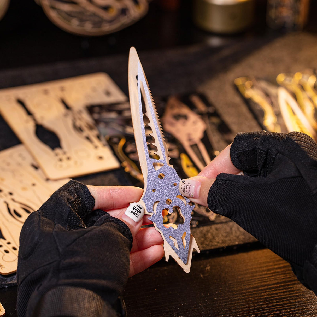 MU 3D Wooden Knife Puzzle DIY Wood Assembled Knife Model Metal Puzzles for Adults, Military Model Wooden Swords Guns Model Kits Building DIY Set, Mechanicals Wooden Toys Gift to Father Brother Purple MU