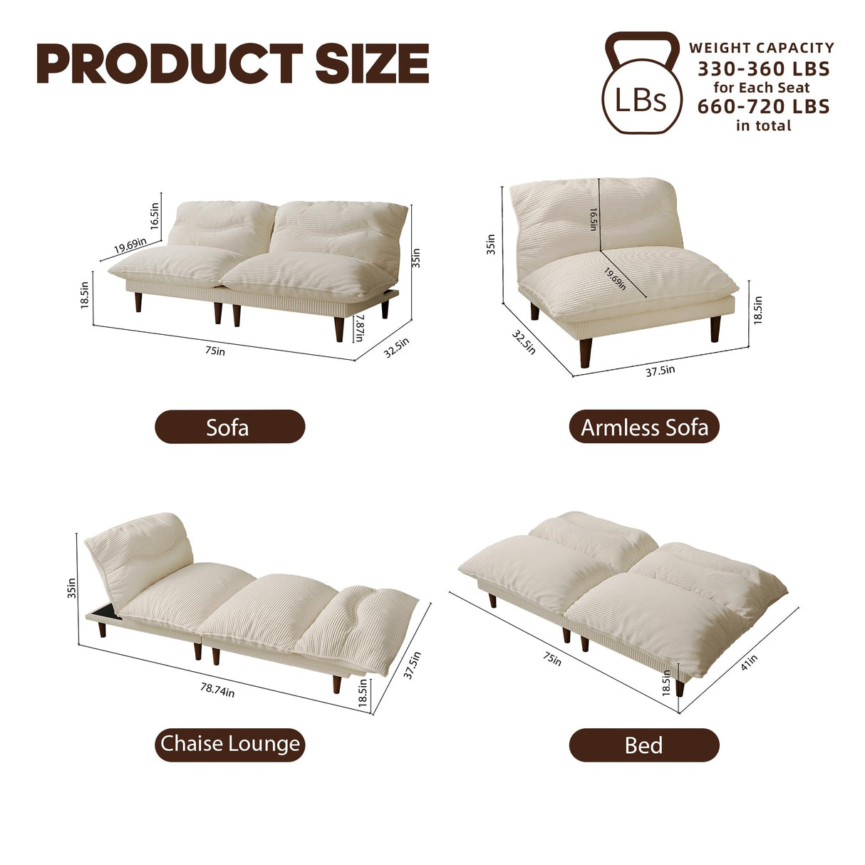 DreamDashio Futon Sofa Bed, 4 in 1 Multi-Functional Futon Couch with Adjustable Backrest, 75 inch Convertible Sleeper Sofa Bed and Recliner Lounge, Corduroy Loveseat for Living Room, Apartment, Beige DreamDashio