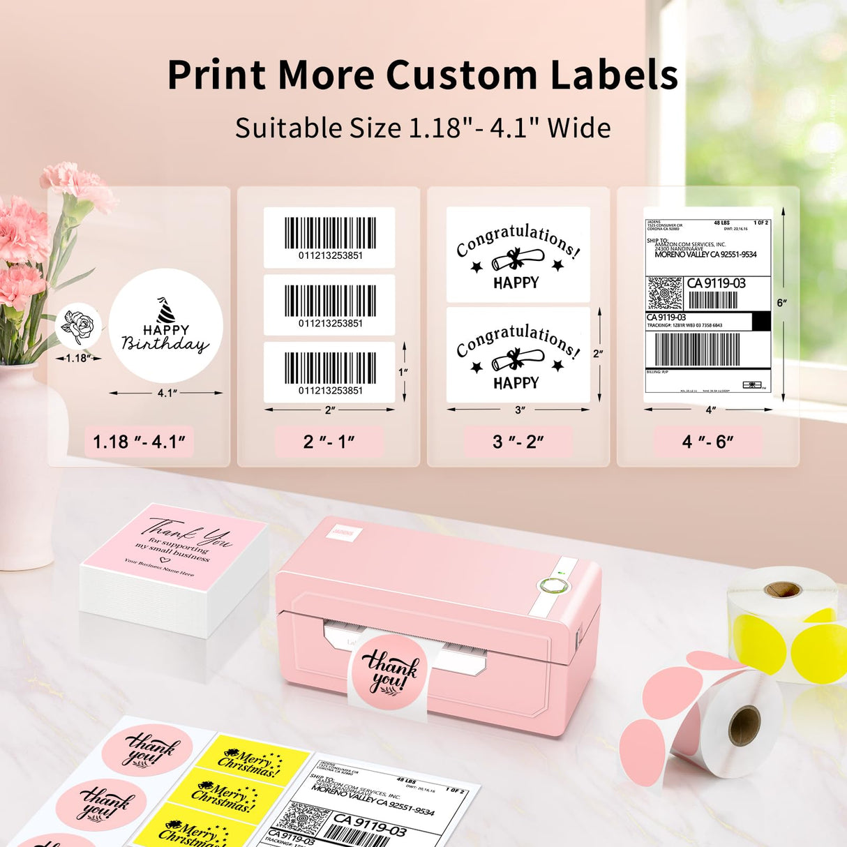 JADENS Bluetooth Thermal Label Printer 4x6, Pink Wireless Shipping Label Printer for Small Business & Packages, Compatible with iOS, Android, Mac, Windows, Amazon, Etsy, Ebay, Shopify JADENS