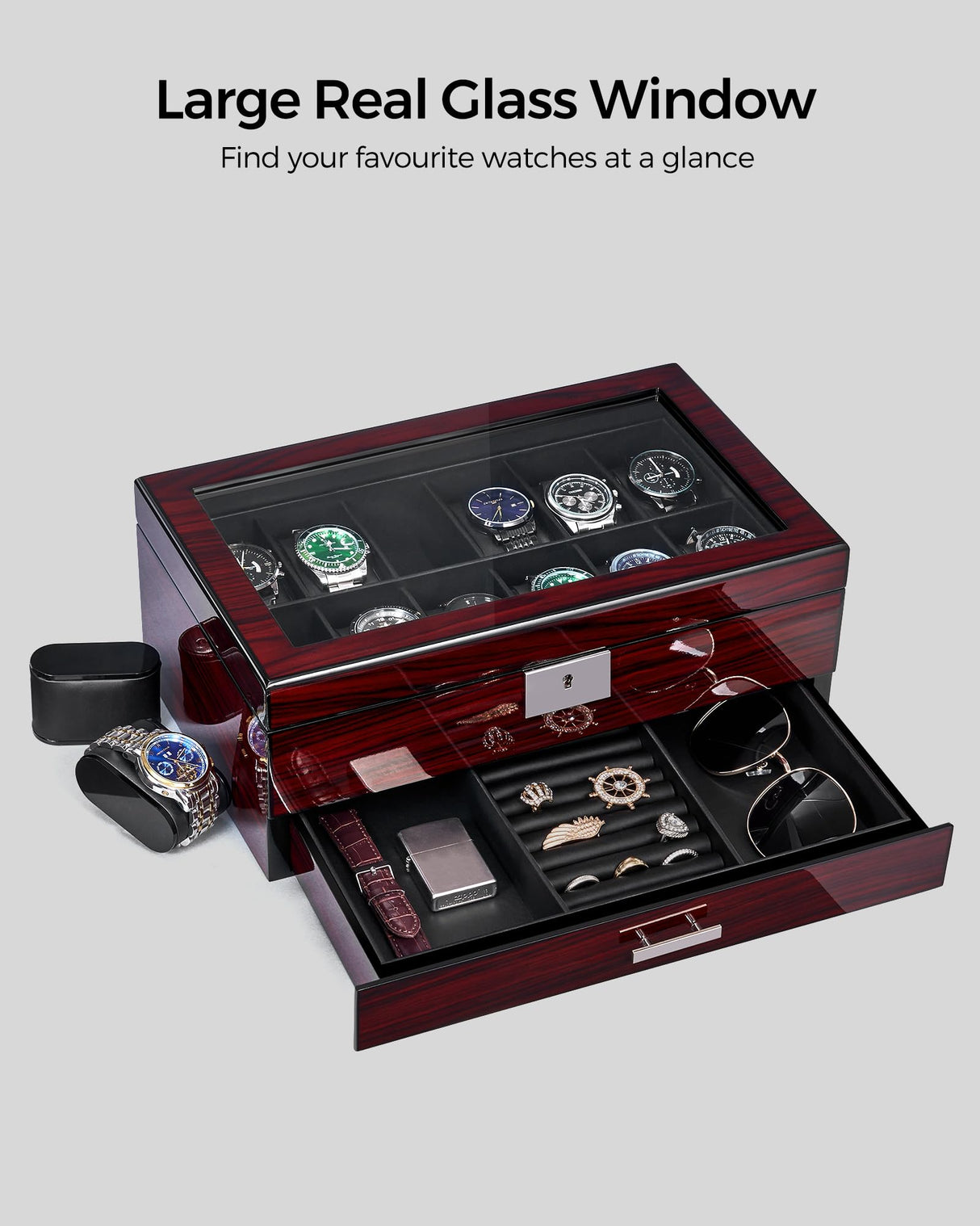 ANWBROAD 12 Slot Watch Cases for Men Watch Box with Large Lid Jewelry Box with Watch Storage 2-Tier Paint Surface Watch Holder Organizer for Men Lockable Watch Display Case UJWB001Y ANWBROAD