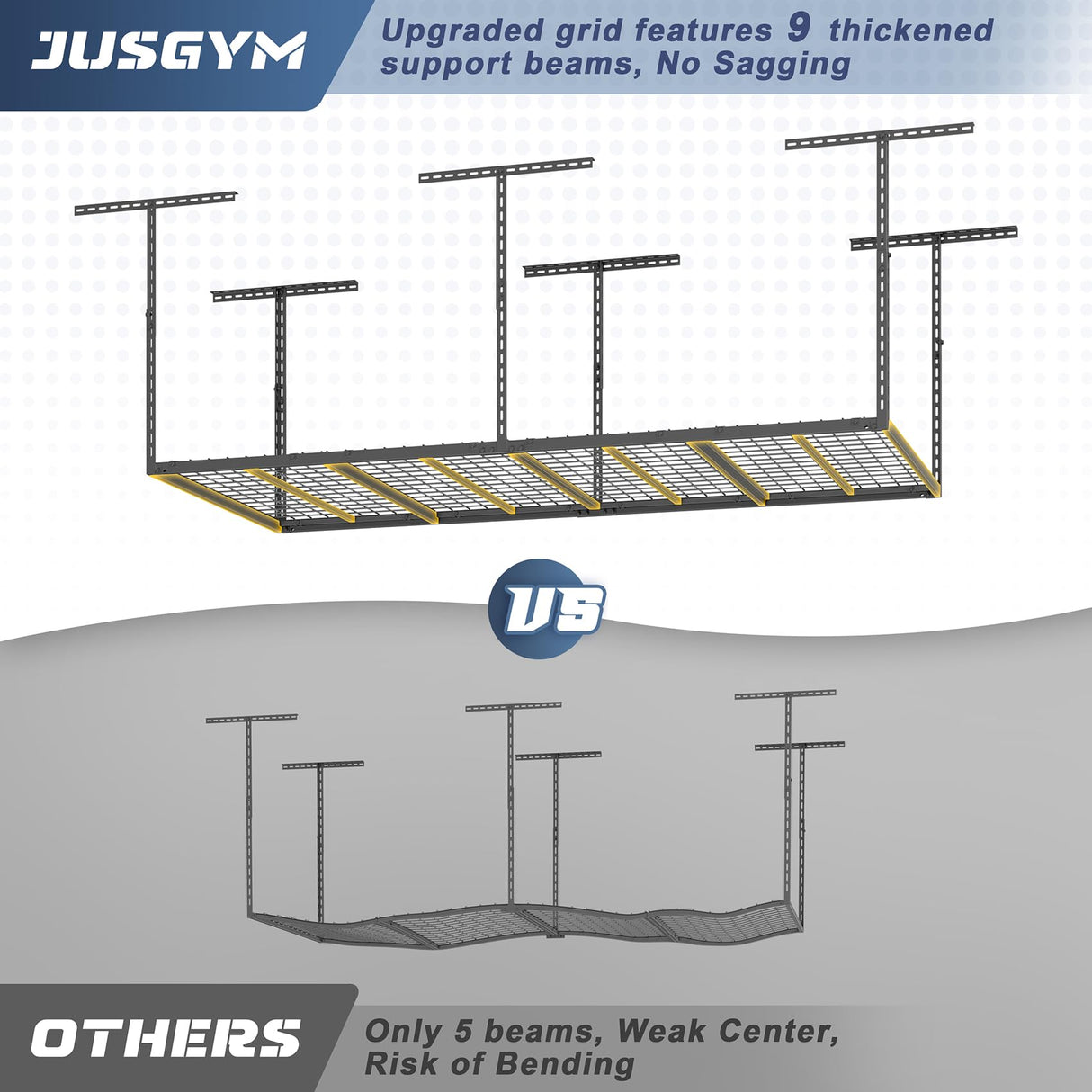 Jusgym 4X8FT Overhead Garage Storage Rack, 22"-48" Height Adjustable Garage Ceiling Storage Racks, Heavy Duty Metal Overhead Storage Organizer System, 750LBS Weight Capacity Jusgym