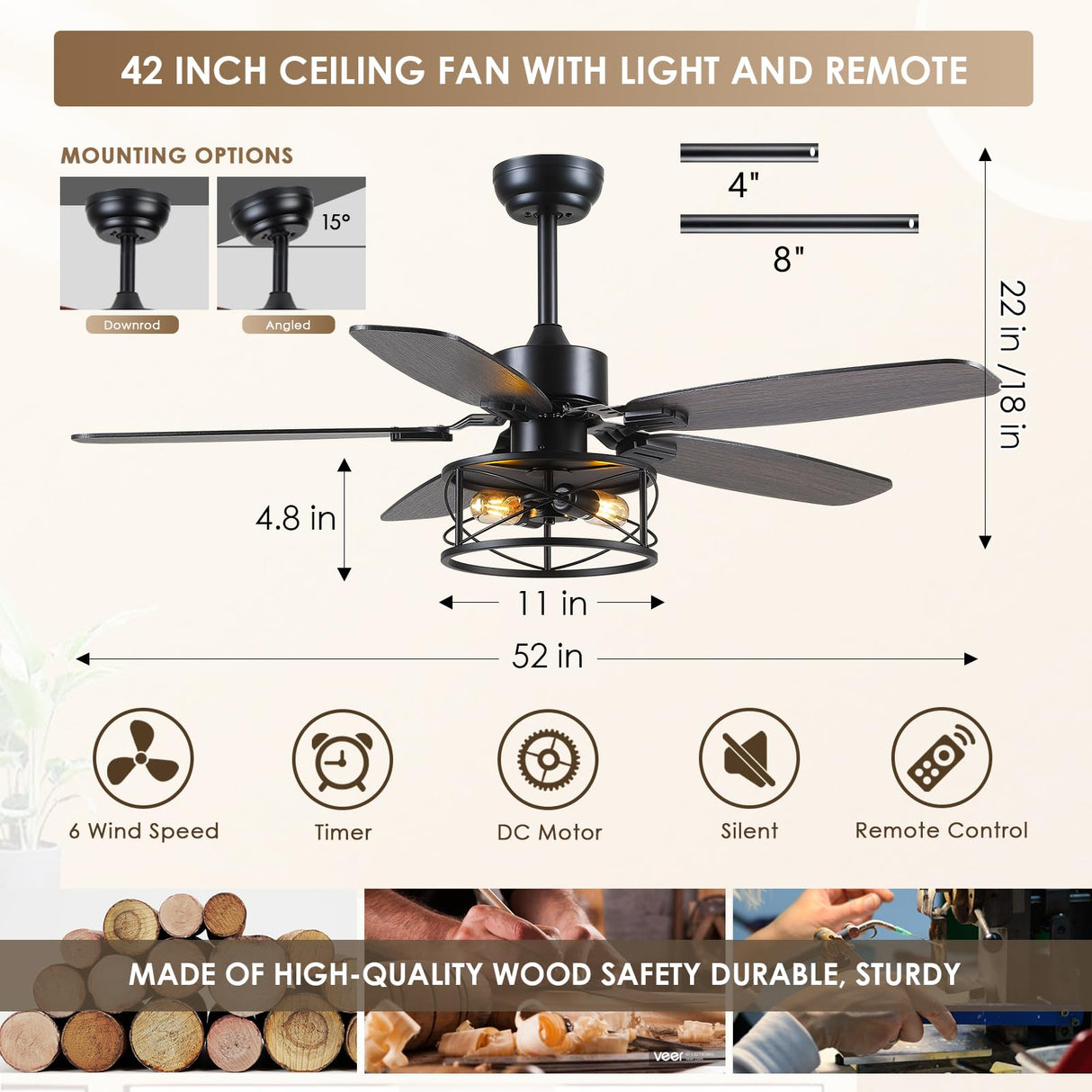 Dannilong Farmhouse Ceiling Fan with Light and Remote 52" Rustic Flush Mount Ceiling Fans 5 Dual Finish Blades Carnegie Industrial Fandelier for Living room Bedroom Patio E26 Dannilong