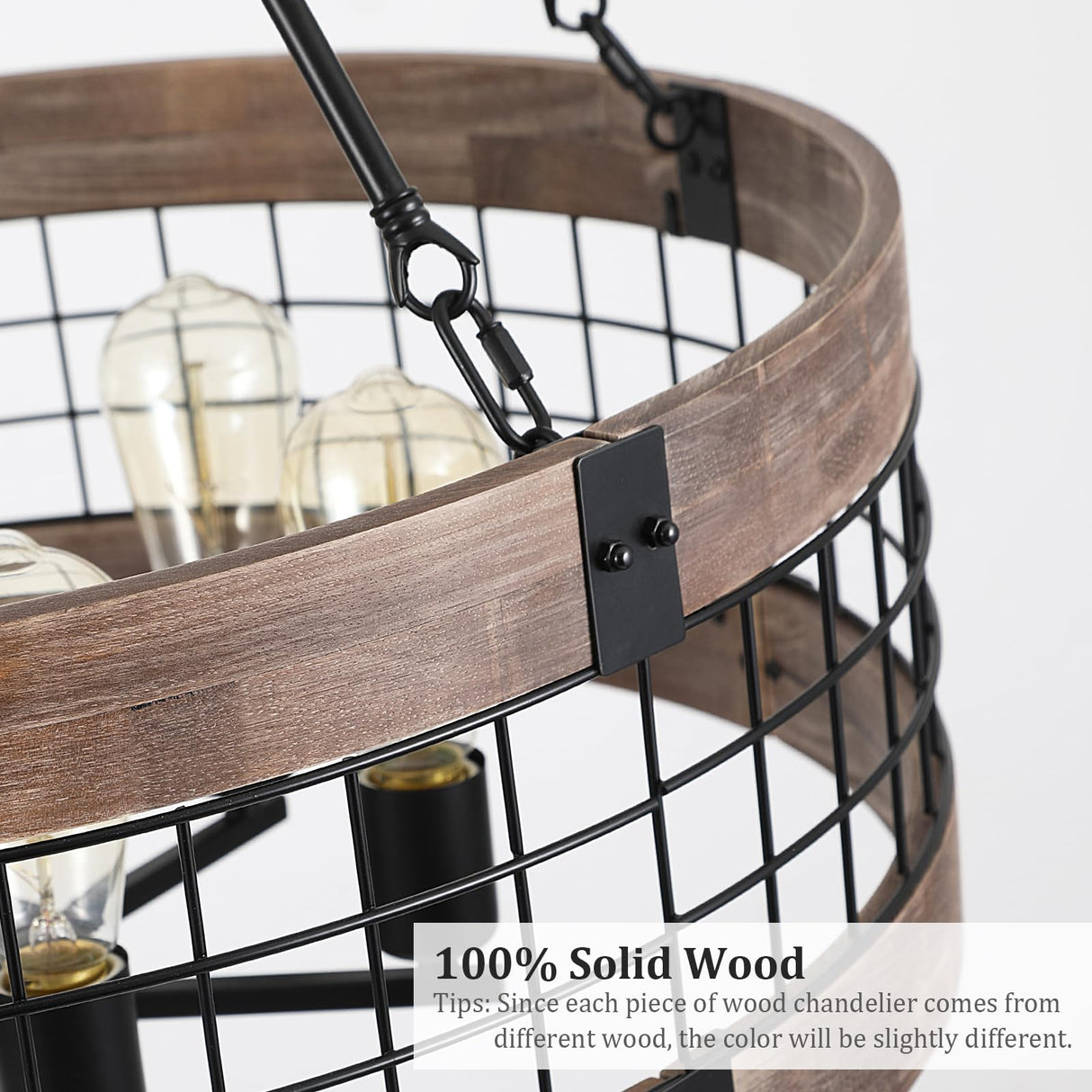 LamQee 5-Lights Rustic Farmhouse Chandeliers for Dining Room Over Table Wood and Metal Chandelier for Foyer Round Wooden Lights Fixture Large Drum Hanging Lighting Entryway Hallway Kitchen 18.9 Inch LamQee