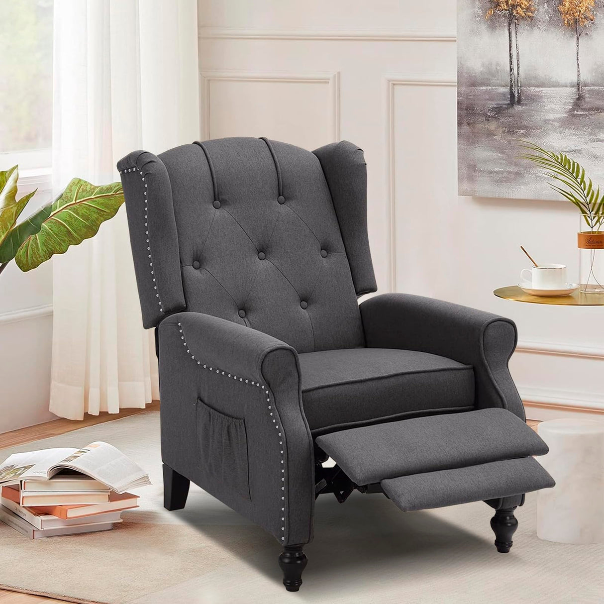 P.H.Furn Wingback Recliner Chair with Massage and Heat, Upholstered Fabric Living Room Chair Armchair with Nailhead Trim,Push Back Recliner Chair with Remote Control,Padded Cushion (Grey) P.H.Furn