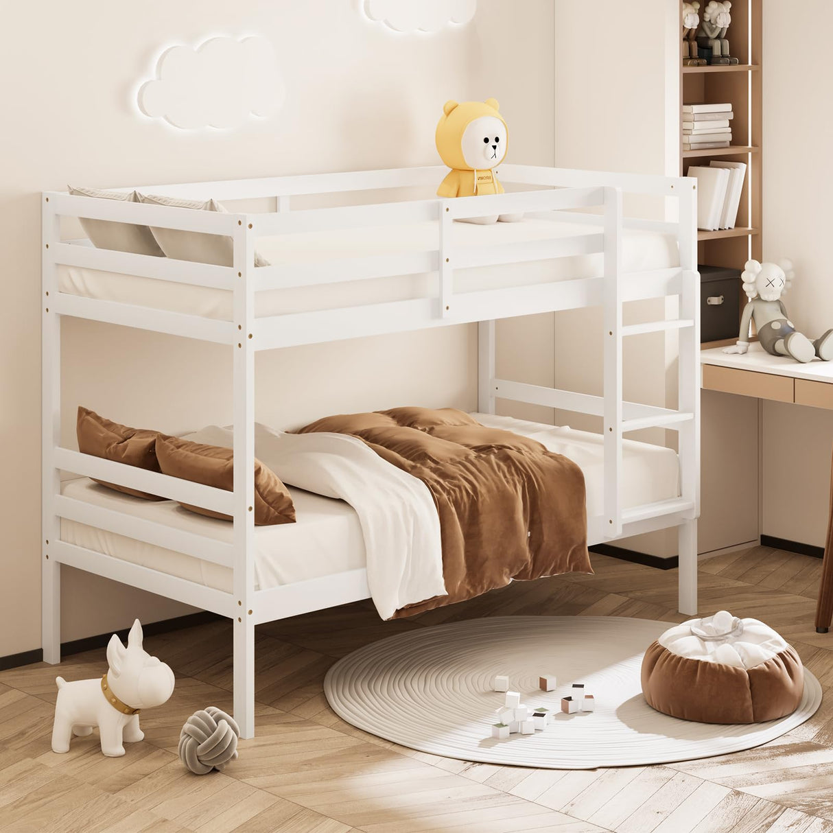 Giantex Bunk Bed Twin Over Twin White, Solid Wood Bunk Bed with Sturdy Ladder & 12 Inch Safety Guard Rails, Twin Size Wood Bed Frame for Dormitory, No Box Spring Needed, Bunk Beds for Kids Teens Giantex