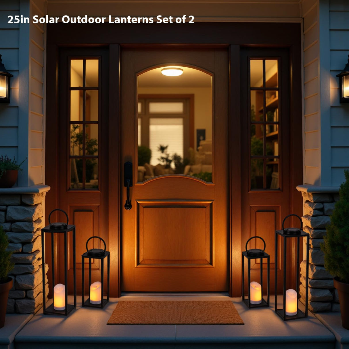 ALL FORTUNE Large Solar Outdoor Lanterns, 25" 16" Tall Farmhouse Black Metal Waterproof Decorative Lanterns with Solar Candles for Front Porch, Patio, Christmas, Fall Decor- Set of 2 ALL FORTUNE