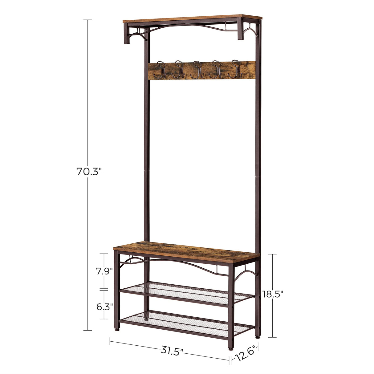 VASAGLE Coat Rack, 3-in-1 Hall Tree, Entryway Shoe Bench Coat Stand, Storage Shelves Accent Furniture Steel Frame Large Size, Industrial, Rustic Brown and Bronze UHSR45AX VASAGLE