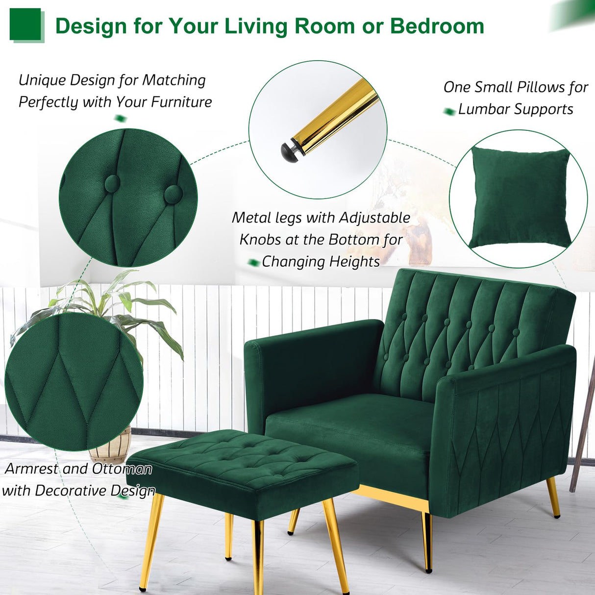ACMEASE Velvet Accent Chair with Adjustable Armrests and Backrest, Button Tufted Lounge Chair, Single Recliner Armchair with Ottoman and Pillow for Living Room, Bedroom, Green ACMEASE