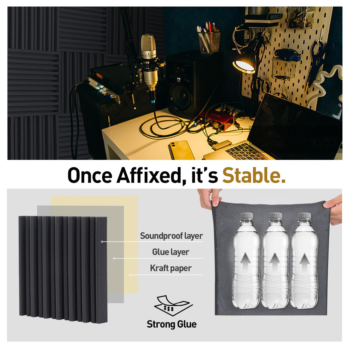 HERTBER-24 Pack Sound Proof Foam Panels for Walls Self-adhesive Grooved Black Acoustic Panels 12x12x2 Inches Soundproof Wall Panels High Density Acoustic Foam for Echoes Absorption and Noise Reduction HERTBER