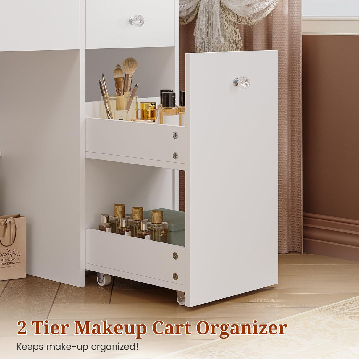 UPOSOJA Vanity Desk with Mirror and Lights,Power Outlet,3 Drawers,Pull-Out LED Mirror with 3 Light Modes,Brightness Adjustable,Rolling Makeup cart,Crystal Handles, hairdryer Rack,White UPOSOJA