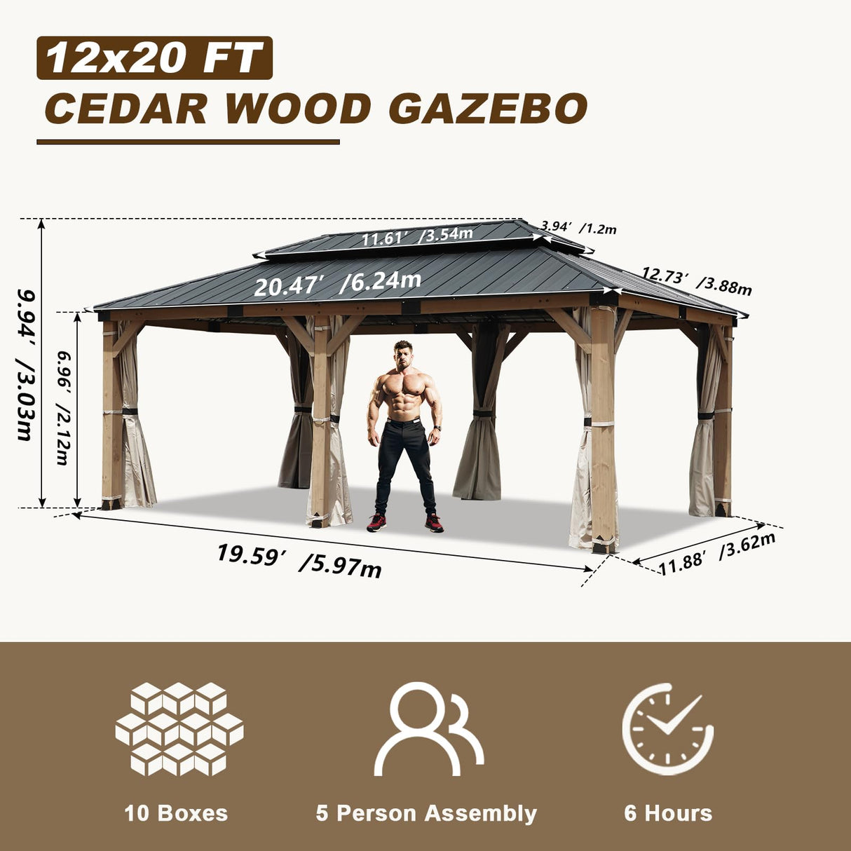 CHARMELEON 12'x20' Cedar Wood Gazebo Hardtop - Wooden Gazebo with Dual Metal Roof - Permanent Outdoor Gazebo Canopy - Large All Weather Patio Gazebo for Backyard, Deck & Garden - Greyish Brown Frame CHARMELEON