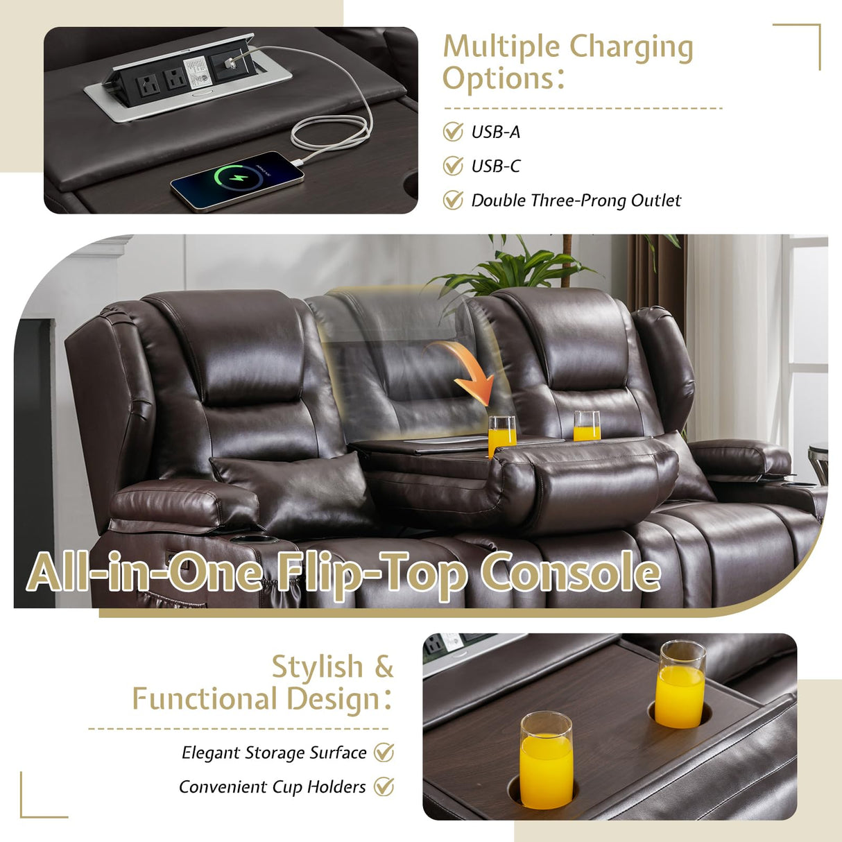 SAMERY Power Loveseat Recliner Sofa with Adjustable Split Back, Multi-Port Charger, Flip-Up Backrest & LED Lighting - Home Theater Seating with Storage, Cup Holders, Brown Faux Leather Loveseat SAMERY