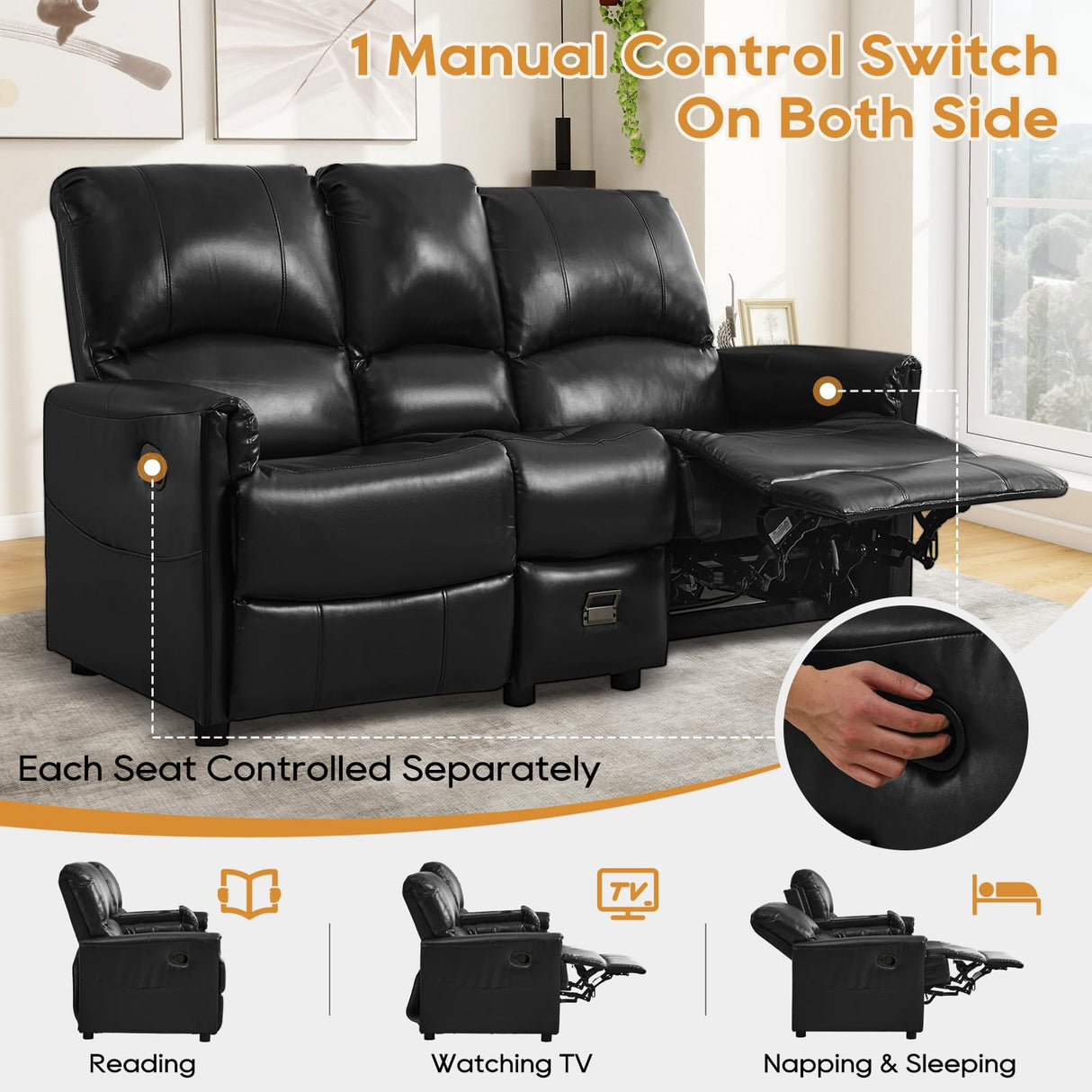 IPKIG Black 3 Seater Modern Loveseat Recliner Sofa - Manual Reclining Loveseat with Flipped Backrest Console, Side Pocket, Faux Leather Double Recliner Love Seat for Living Room & RV (Black, 3 Seater) IPKIG