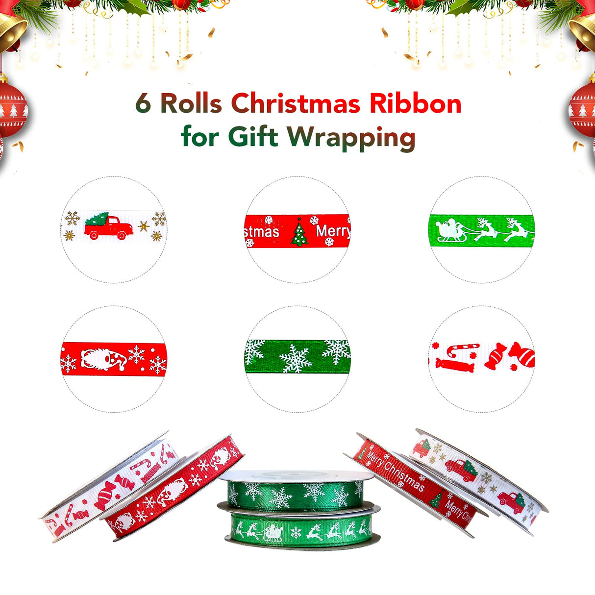 60 Yards 3/8" Christmas Ribbon for Crafts, White Red and Green Holiday Grosgrain Ribbon Christmas Ribbon for Gift Wrapping Festival Holiday Party Hair Bow Clips DIY Crafts Decoration (6 Rolls) DHAIQC