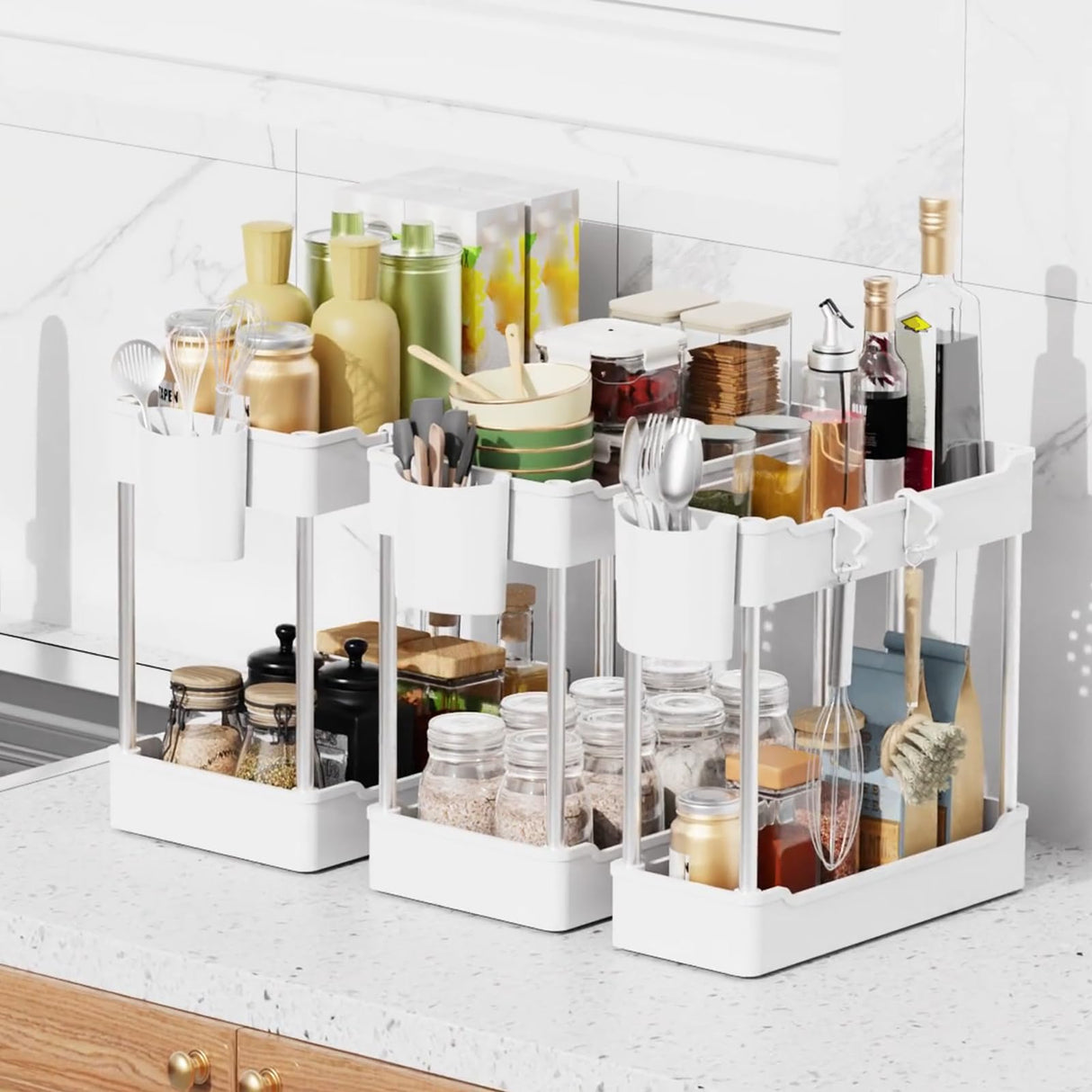 JYSMYWS 3 Pack Under Sink Organizers and Storage, 2 Tier Bathroom Cabinet Organizer Shelf with Hanging Cups for Kitchen & Bathroom (White) JYSMYWS