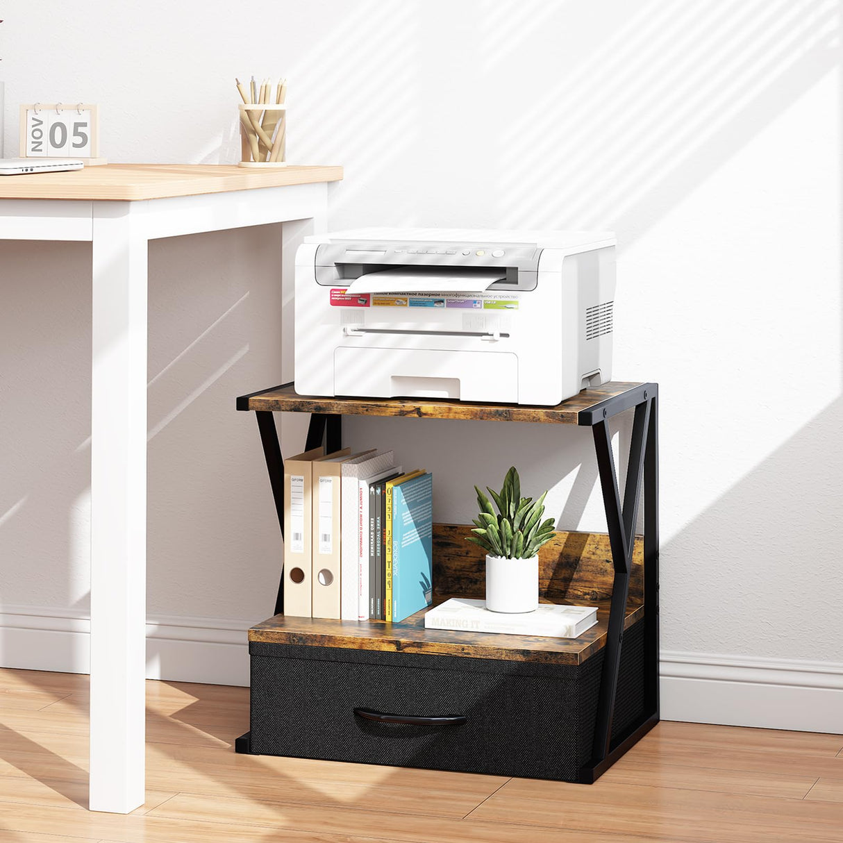 aboxoo Printer Stand for Desk with Storage Drawer, 2 Tier Desktop Or Under Desk Shelf, Multi-Purpose Desk Organizer for Home Office, fit Fax Machine/3D Printer/Scanner, Rustic Brown aboxoo