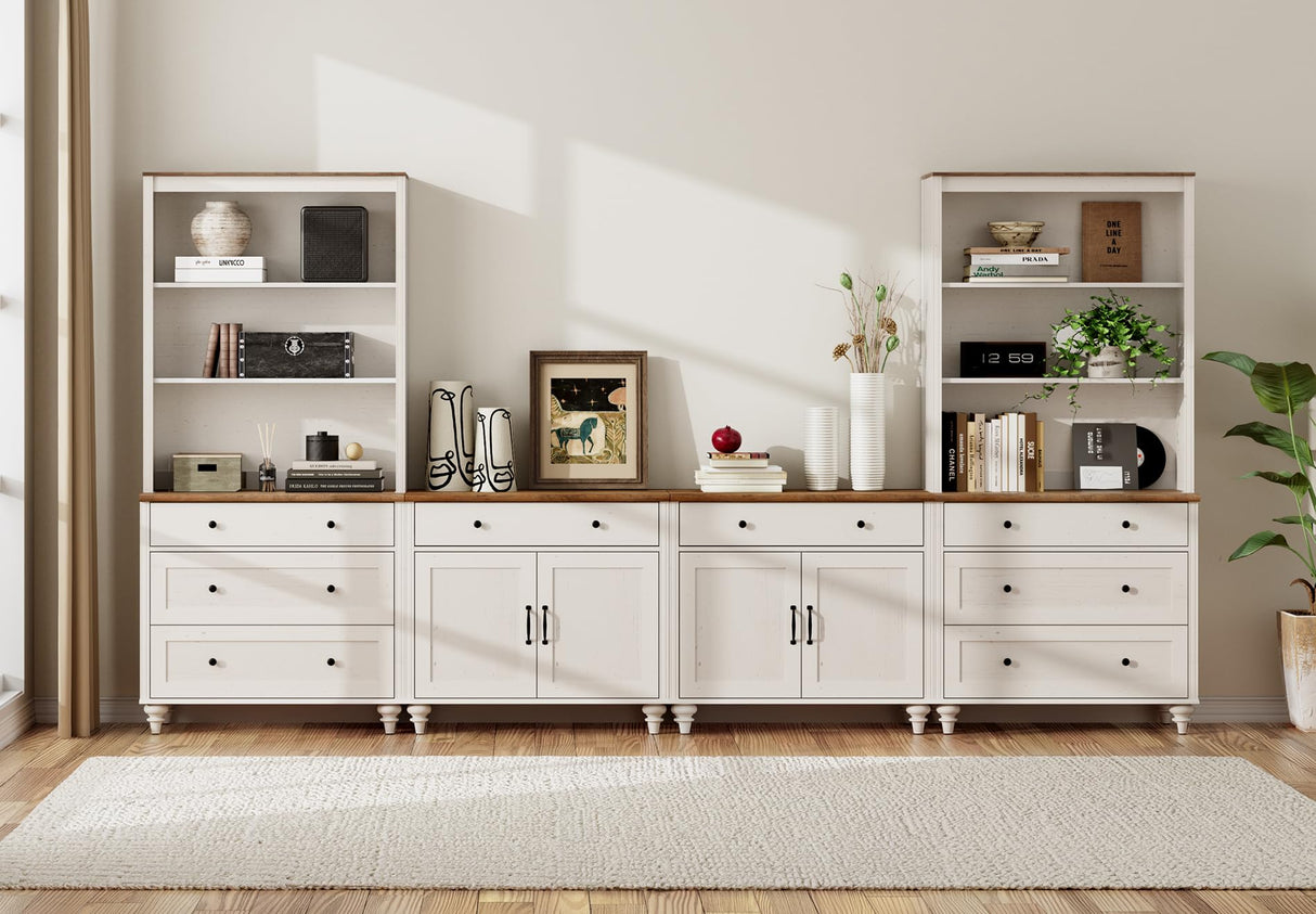 WAMPAT Entertainment Center with Bookshelves for TVs up to 75", Farmhouse Wall Unit TV Stand with Doors & Drawer, Media Console Table for Living Room, Bedroom & Home Theater, White WAMPAT