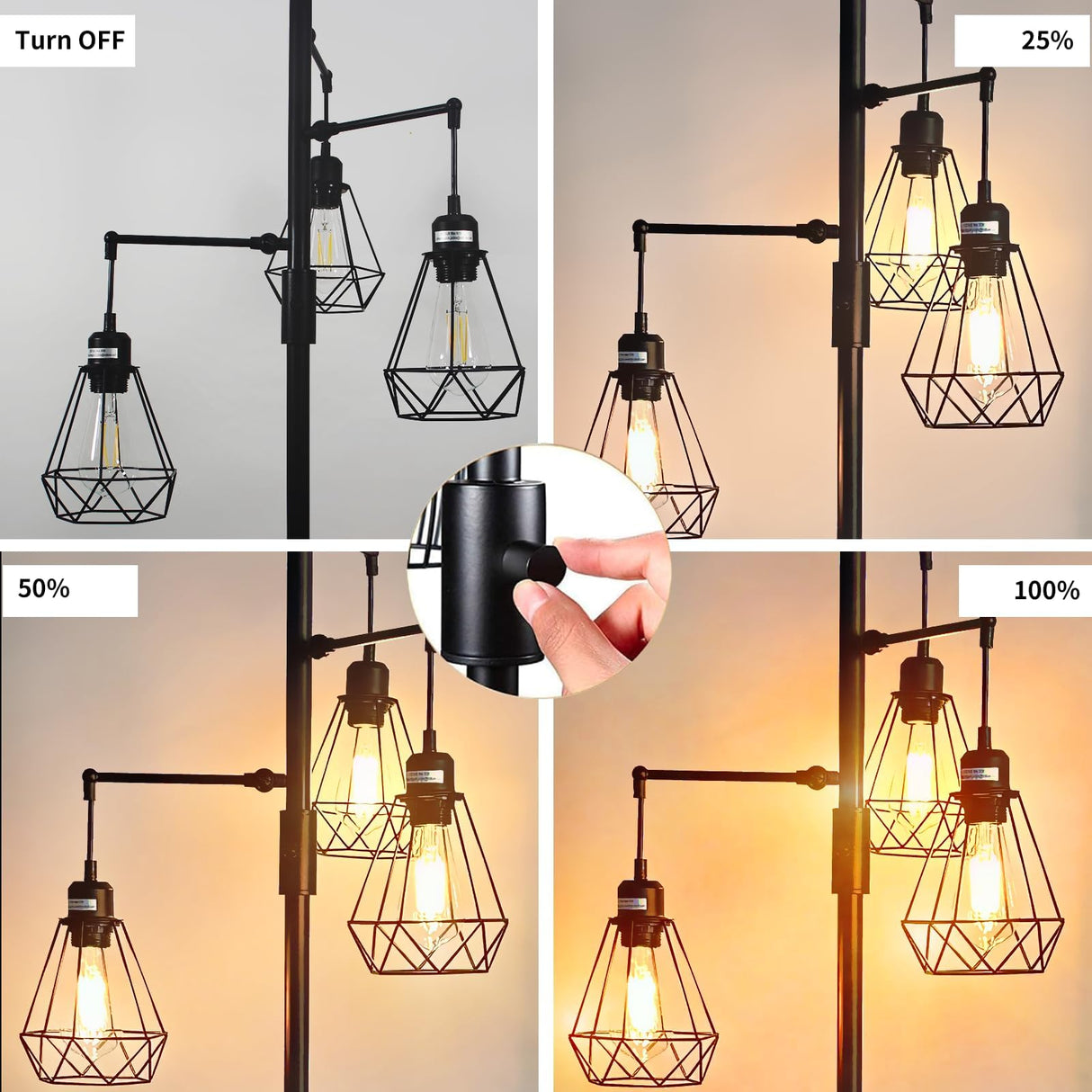 JuGuo 69'' Dimmable Farmhouse Floor Lamp with 3X9W Edison Bulbs, Industrial Vintage Tree Design & Adjustable Diamond Cages, Black Rustic Lighting for Living Room/Office JuGuo