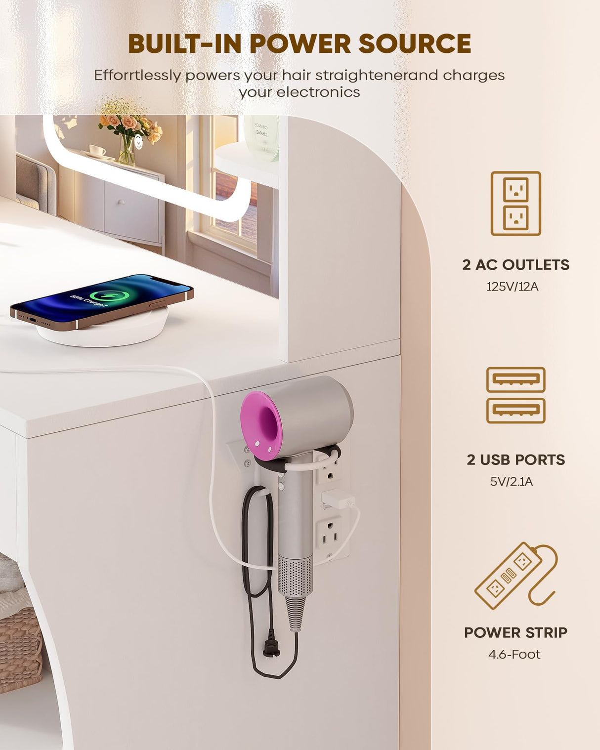 LIVELYGLOW Small Makeup Vanity Desk, 29.5" W x 15.8" D x 51.2" H, White (Smart LED Mirror, Hairdryer Rack, Power-Outlet, 5 Shelves, 2 Drawers) LIVELYGLOW