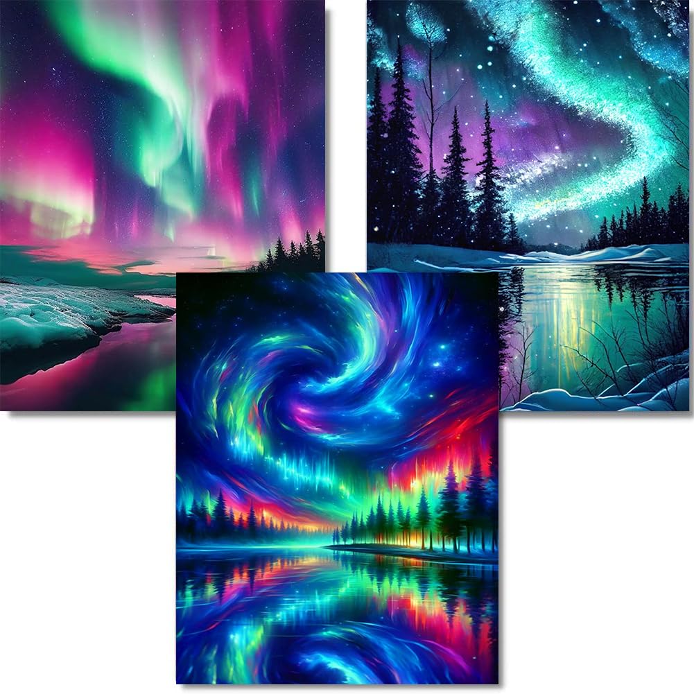 mrpwnle Diamond Art Kits for Adults,3 Pack Aurora Diamond Painting for Beginners, 5D Northern Lights Diamond Art Kit for Adult, Landscape Diamond Art Painting Kits, DIY Crafts Kits 12x16inch mrpwnle