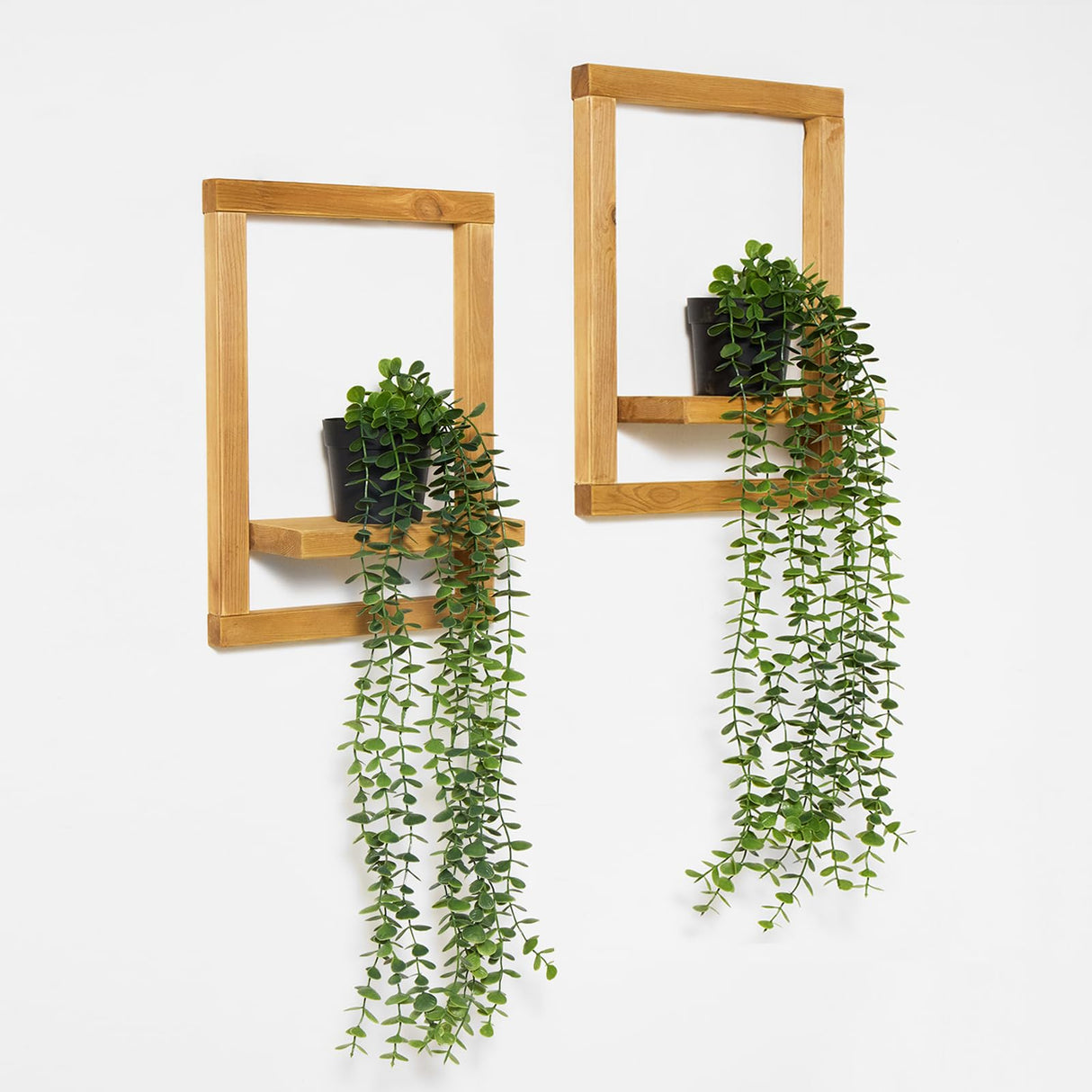 Mokof 2 Pack Wooden Shelves with Fake Hanging Plants for Wall Decor, Modern Farmhouse Wood Wall Art for Living Room, Bathroom (Light Brown) Mokof