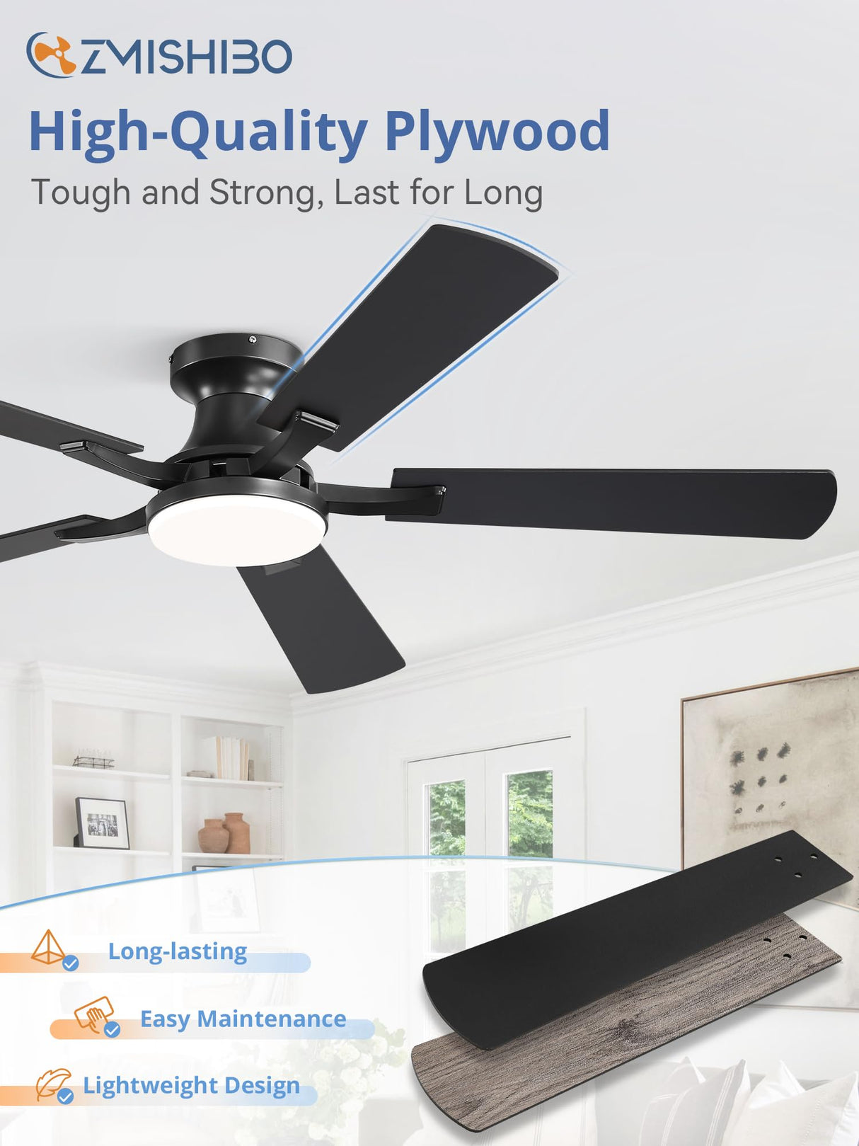 ZMISHIBO 52 Inch Ceiling Fan with Light, App&Remote Control, Flush Mount Low Profile, Dimmable 20W LED Light, Quiet Reversible Motor for Bedroom, Living Room, Apartment, Black ZMISHIBO