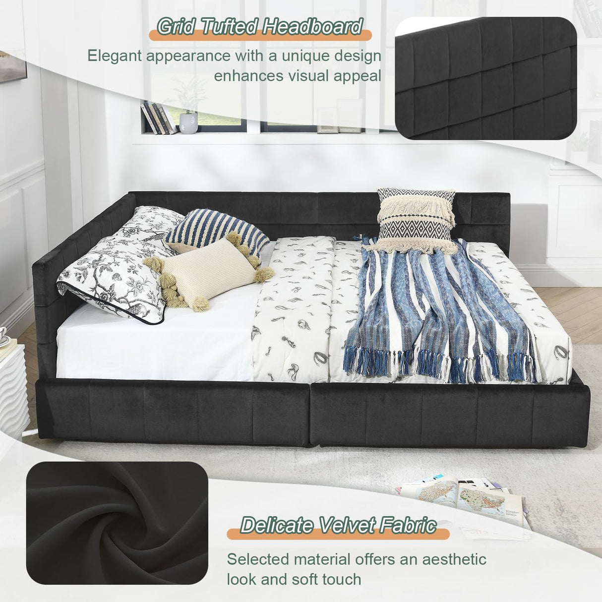 Queen Daybed with Storage Drawers, Modern Corner Tufted Velvet Upholstered Queen Size Sofa Day Bed Frame with Wooden Slats for Bedroom Guest Room Living Room, No Spring Boxes Needed, Black Antetek