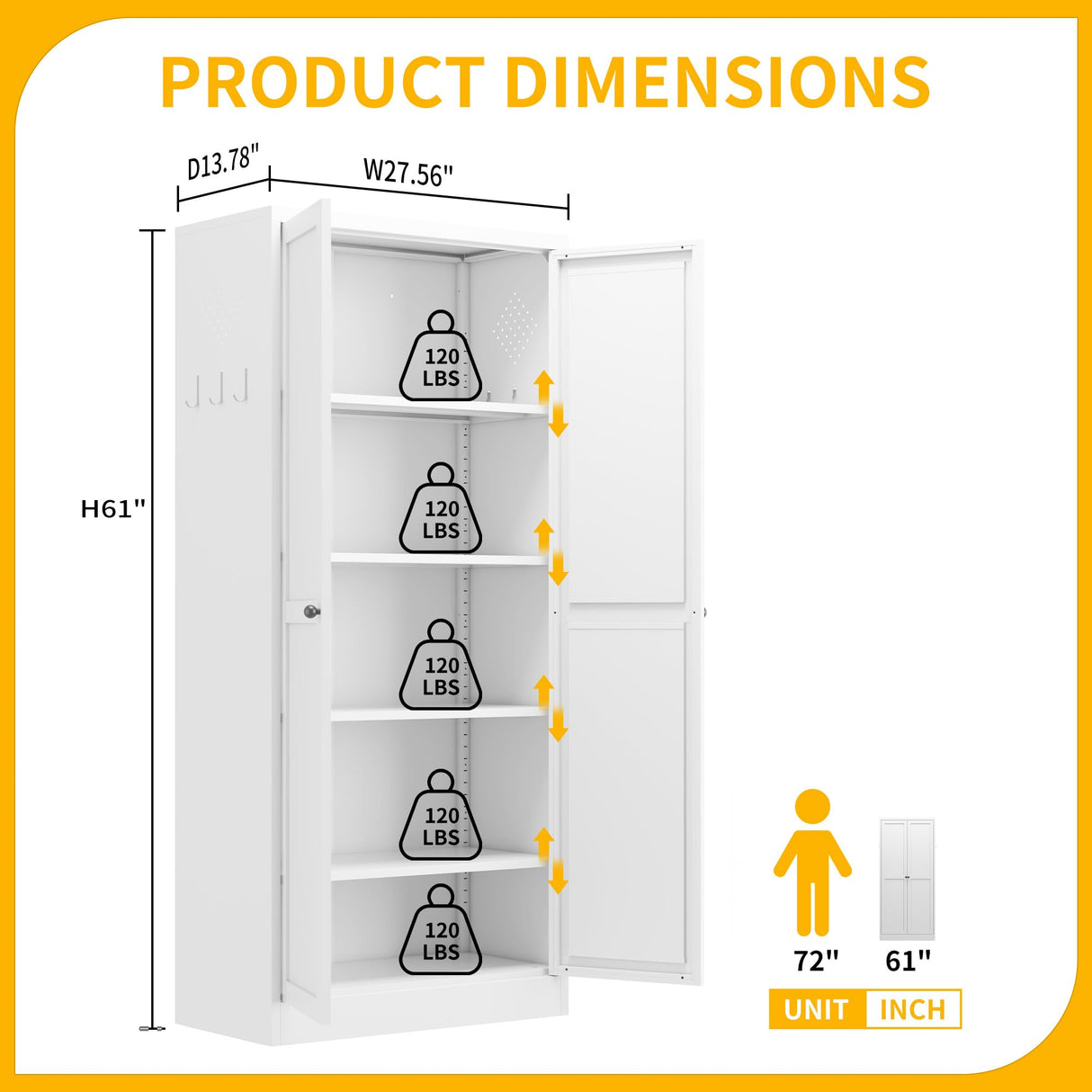 Reegangfa Pantry Cabinet with 2 Doors & 4 Adjustable Shelves & Hooks, 61" Kitchen Storage Cabinets, Utility Metal Storage Cabinet for Home, Living Room, Pantry, Assemble Required (White) Reegangfa