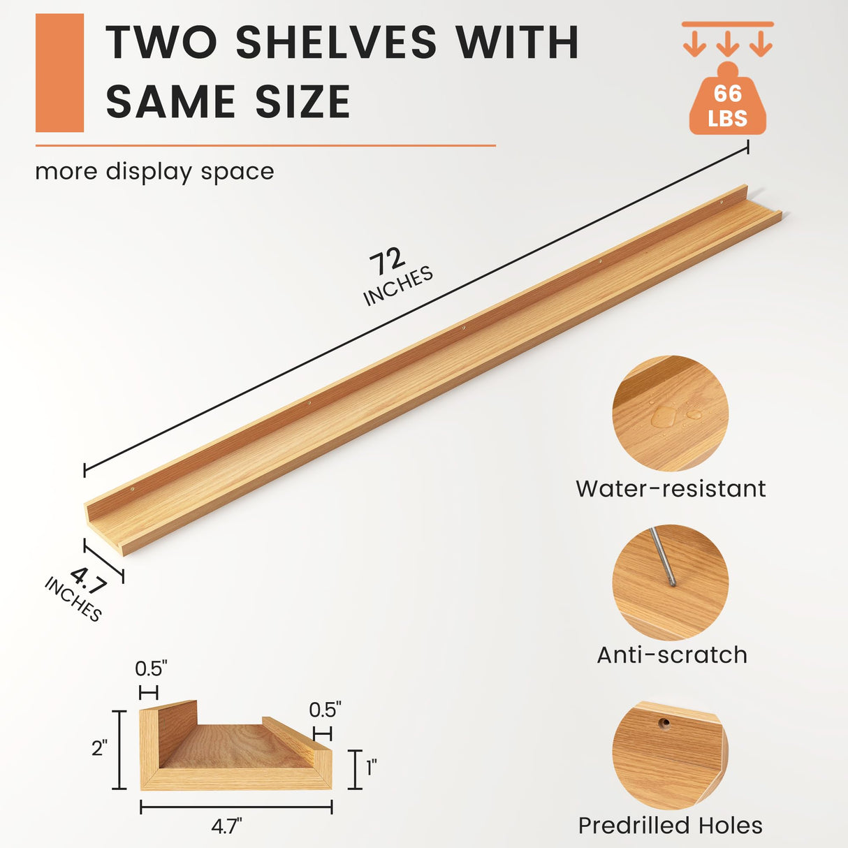 FLYJOE Natural Oak Picture Ledge Shelves Set of 2 - 72 Inch Wall Mounted Display for Books, Photos, and Toys FLYJOE