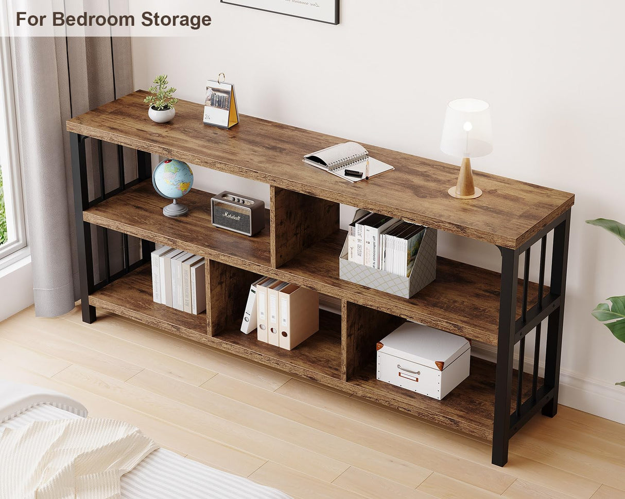 IBF Bookshelf, Farmhouse 63” Long Open Book Shelf, Wood Metal 5 Cube Bookcase for Living Room, Low Horizontal Bookshelf for Bedroom, Wide Cubby Storage Organizer for Home Office, Rustic Brown, 63 Inch IBF