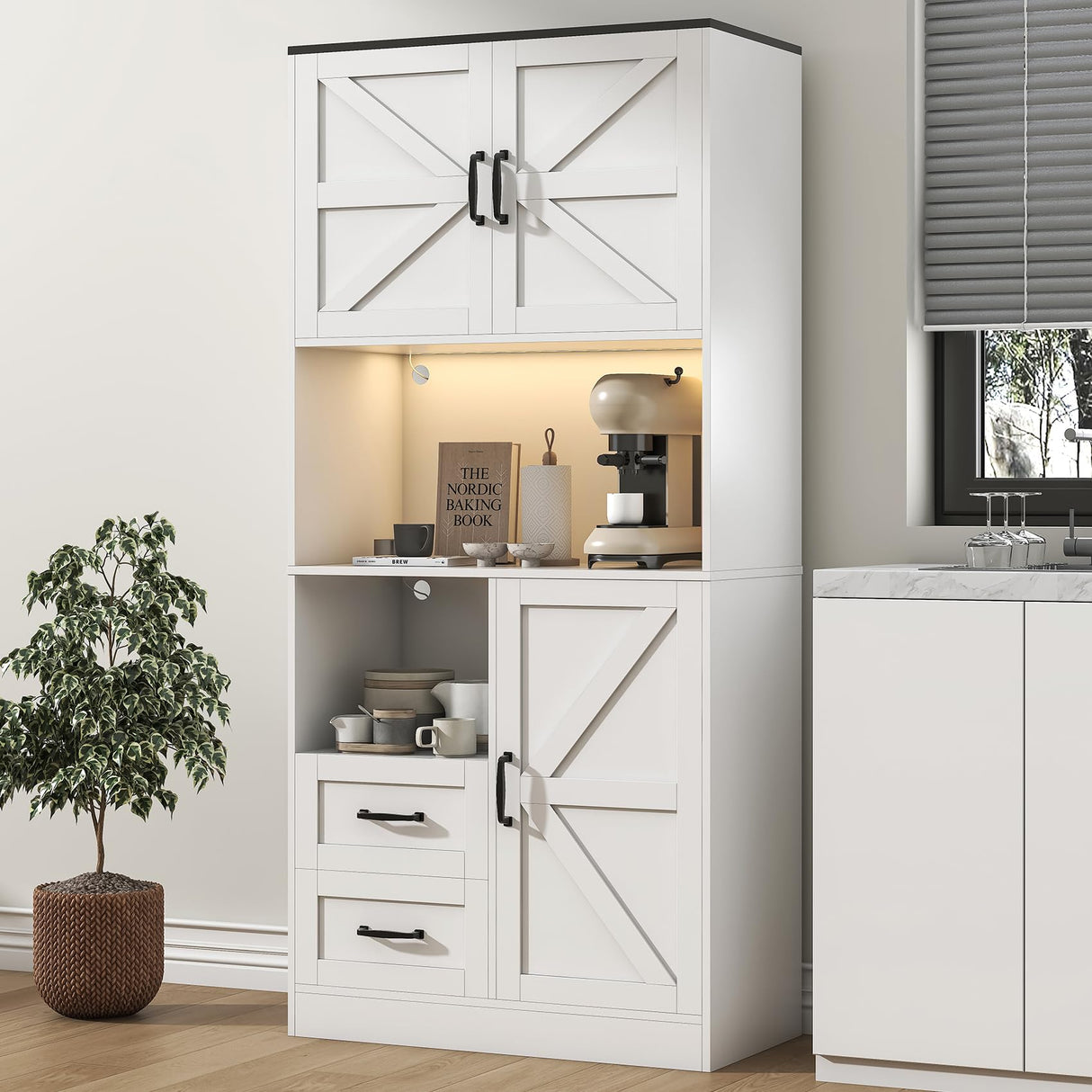 HAUXITIO Kitchen Pantry Storage Cabinet - with LED Lights and Power Strip, 68" Tall Food Pantry Hutch Organizer with Countertop, 2 Drawers, 3 Doors, Adjustable Shelves for Dining Living Room, White HAUXITIO