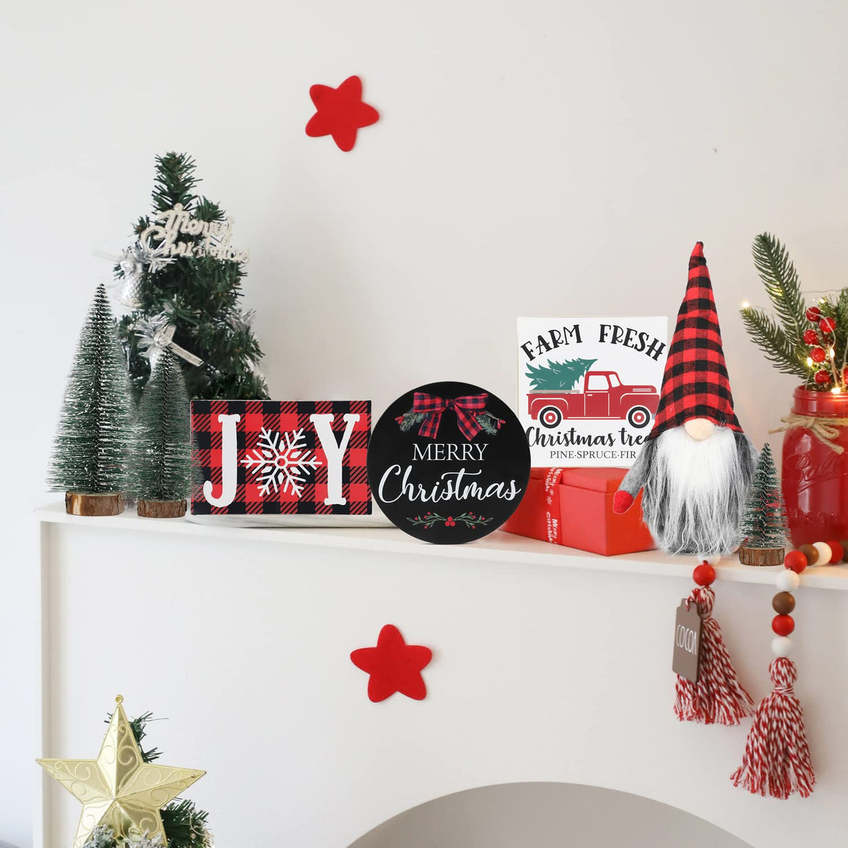 Christmas Tiered Tray Décor Set of 7, Merry Christmas Farm Fresh Truck, Joy Wood Sign Buffalo Plaid Gnome Plush and Trees, Farmhouse Table Home Party Shelf Fireplace Mantel Decor NEWLIGHTURE